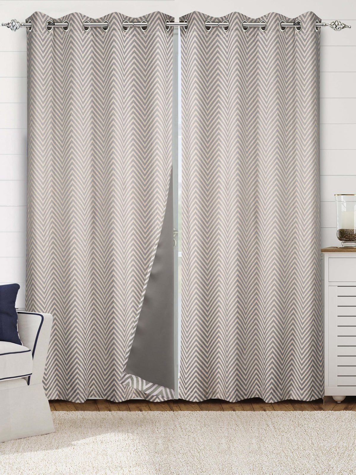 Saral Home Chevron Designer Curtains (Grey, Door 7 Feet 2PC, Blackout)