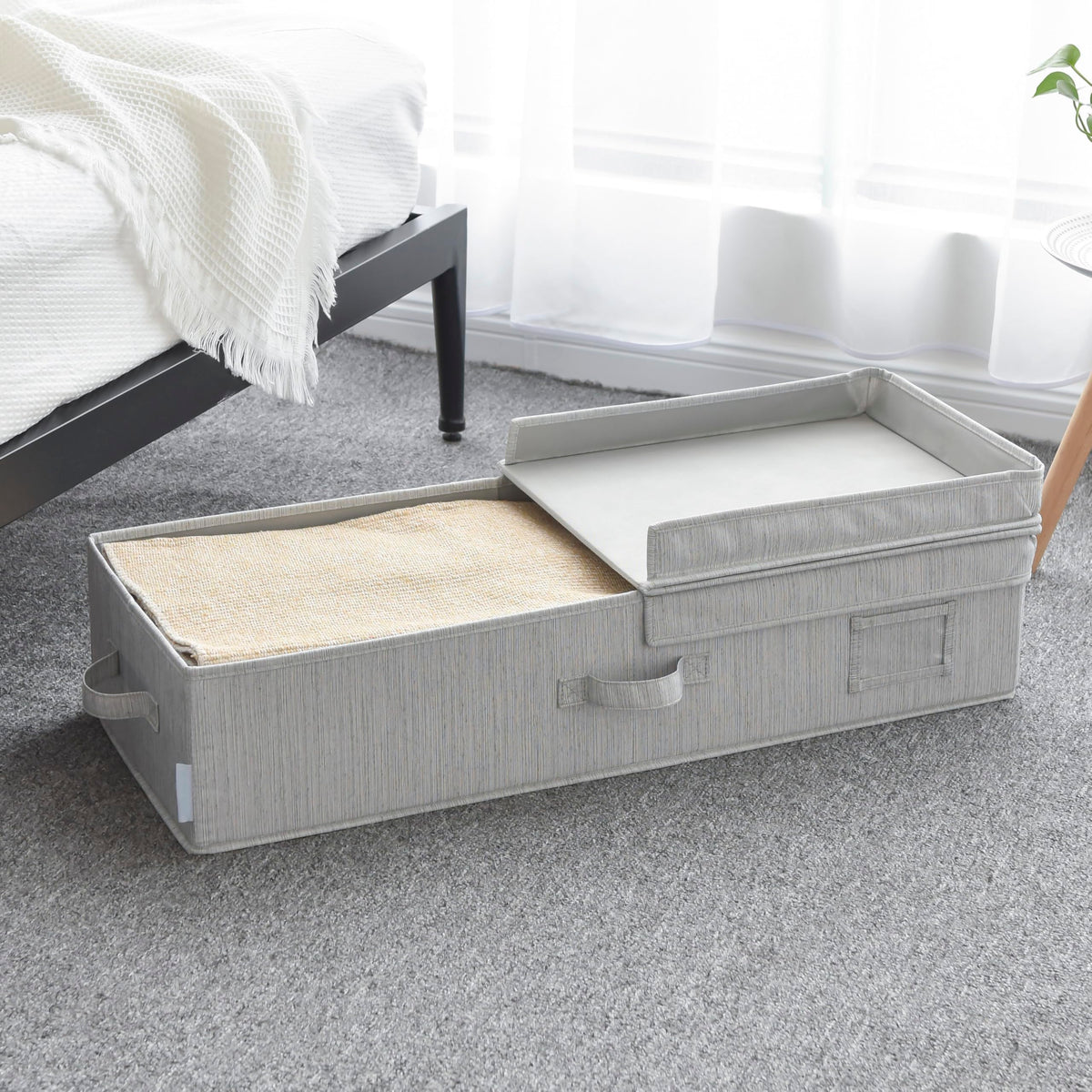 JS HOME 30 x 12 x 6.5 Large Under Bed Organizer with Double Folding Lid, Foldable Low Profile Stackable Drawer Organizer Bins
