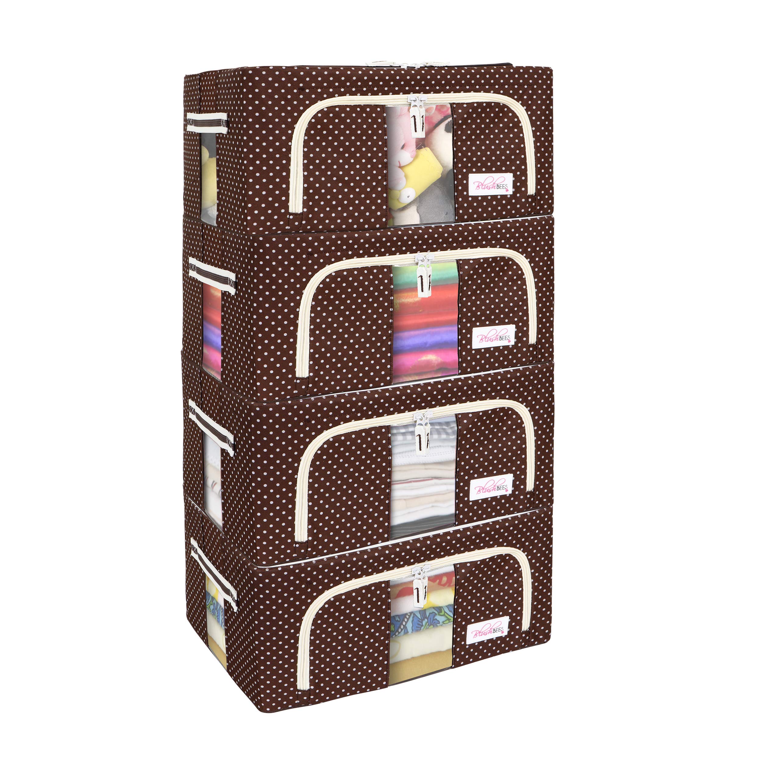 BlushBees Oxford Fabric Cloth Organizer Living Boxes, Saree Cover  24 L, Polka Dots Brown  Pack of 4