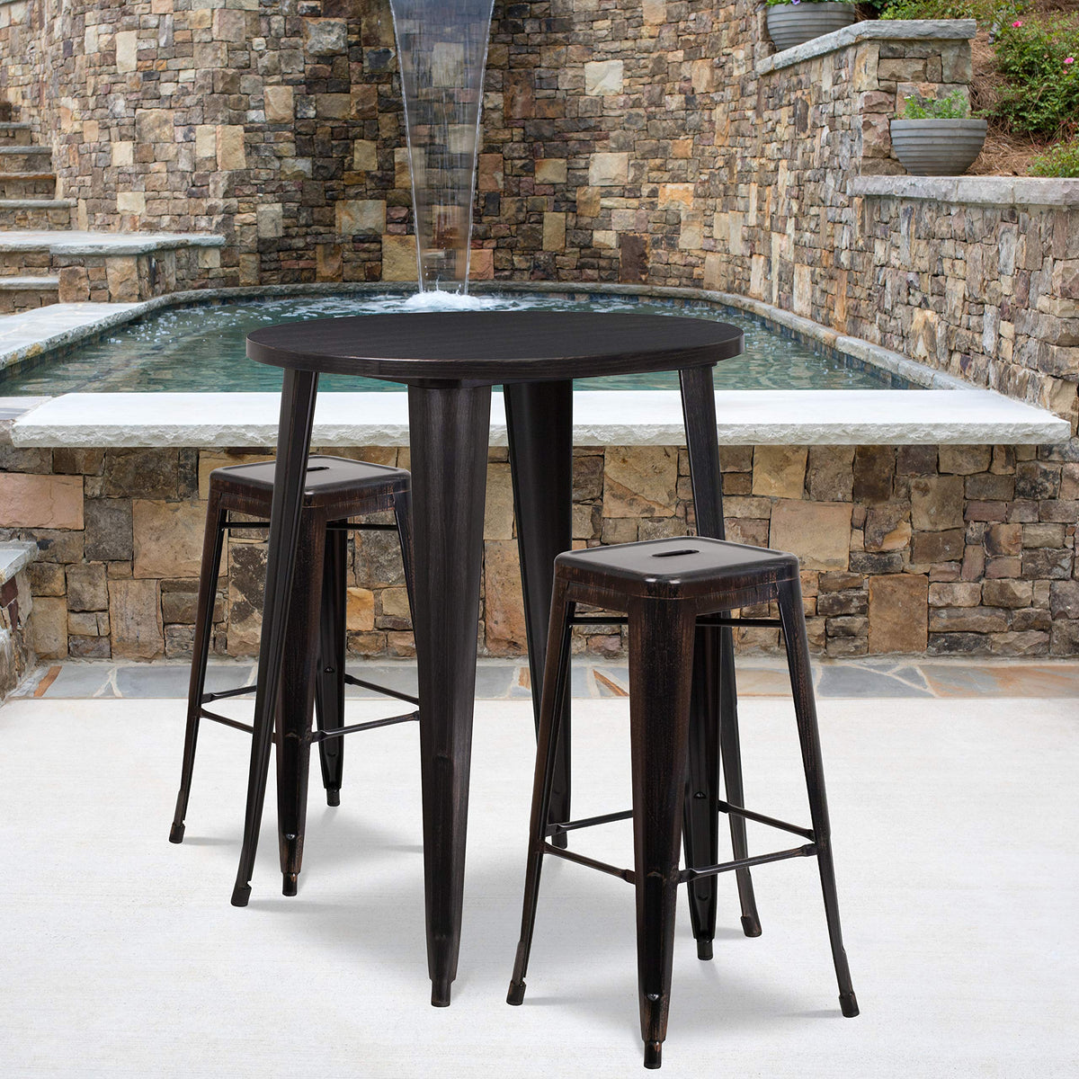 Flash Furniture Commercial Grade 30&quot; Round Black-Antique Gold Metal Indoor-Outdoor Bar Table Set with 2 Square Seat Backless Stools