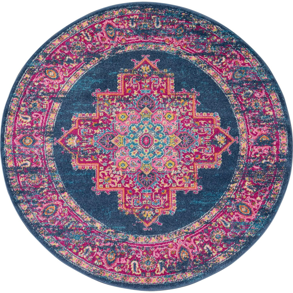 Nourison Passion Blue 4' x Round Area--Rug, Boho, Traditional, Easy--Cleaning, Non Shedding, Bed Room, Living Room, Hallway, (4'