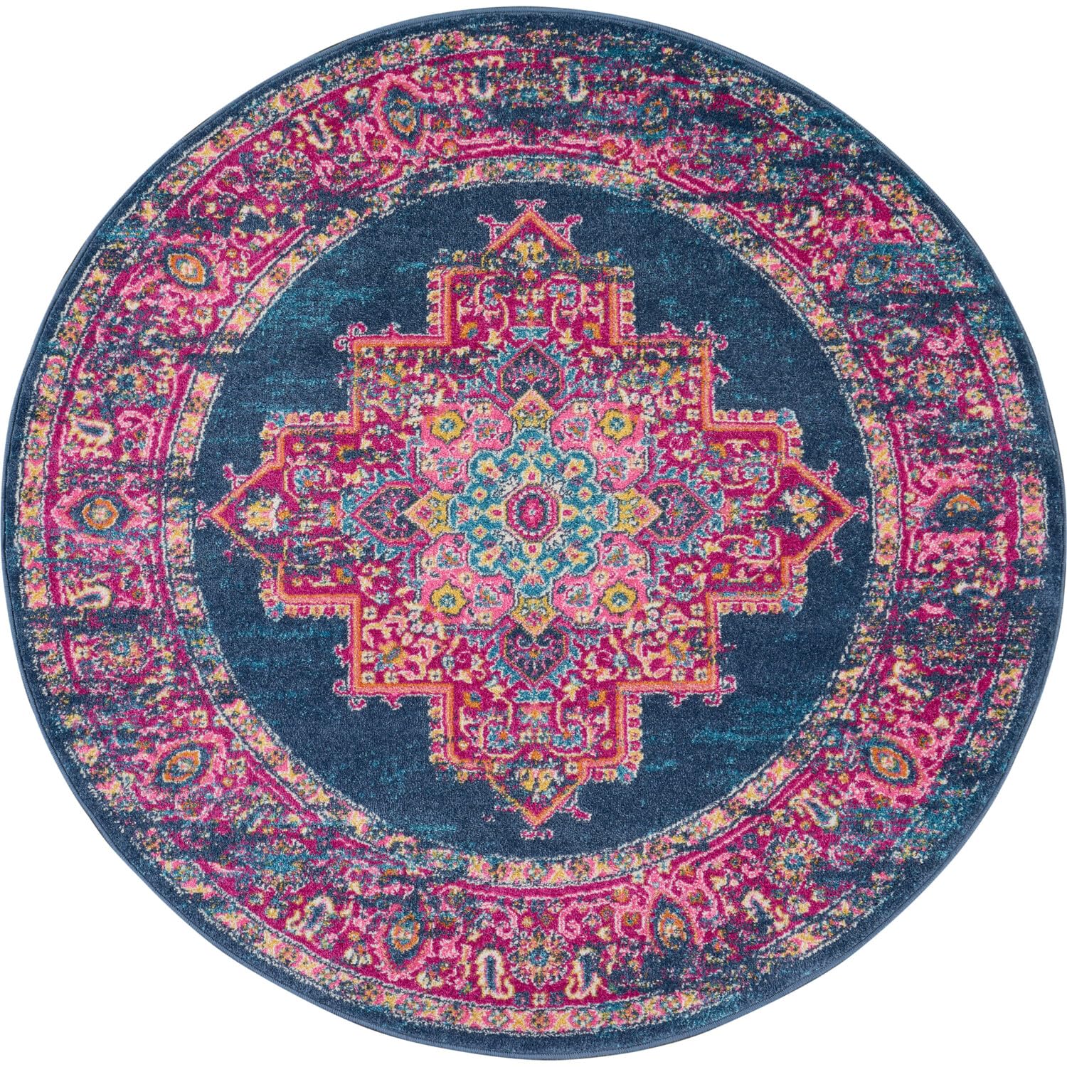 Nourison Passion Blue 4' x Round Area--Rug, Boho, Traditional, Easy--Cleaning, Non Shedding, Bed Room, Living Room, Hallway, (4'