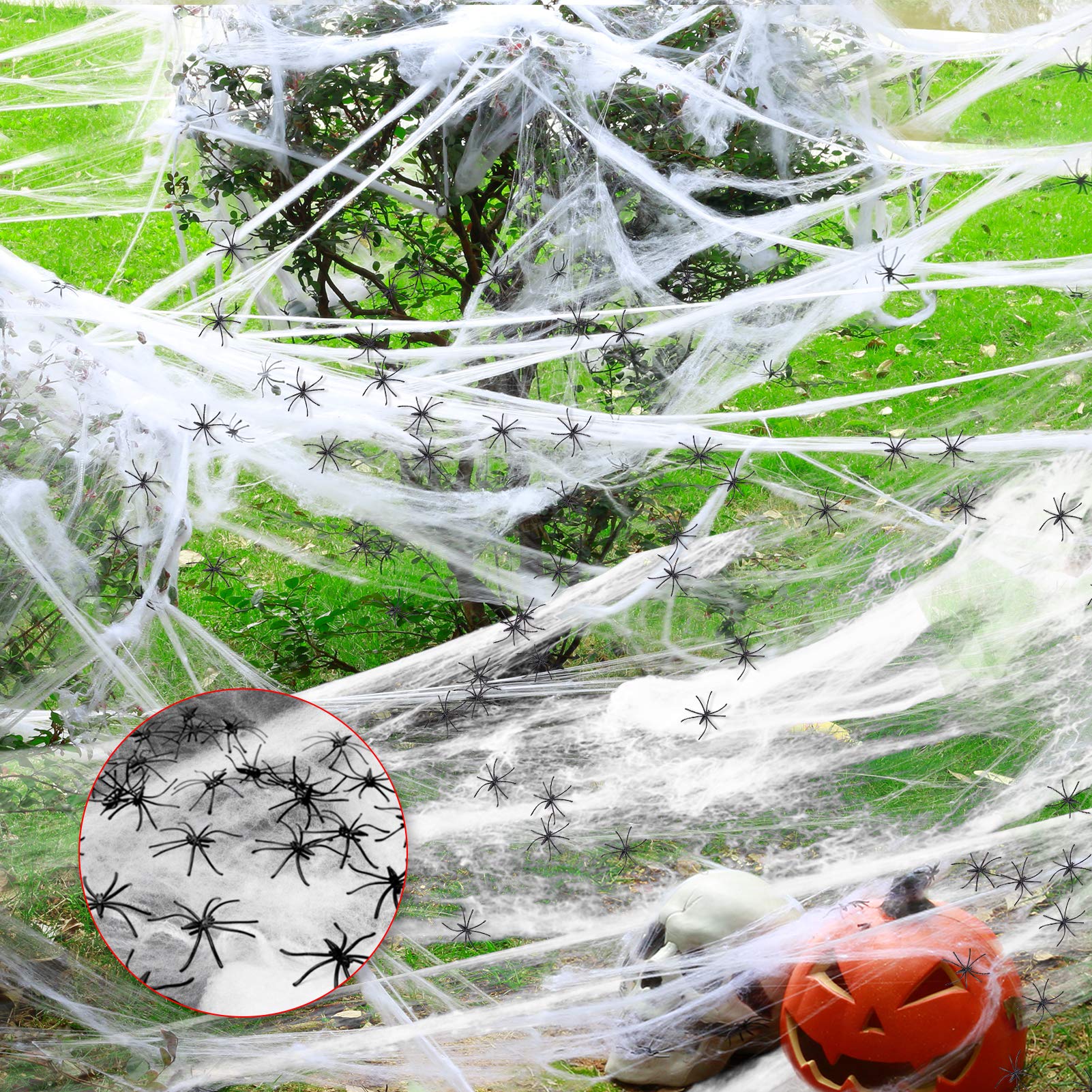 1000 Sqft Halloween Spider Web Decorations With 100 Fake Spiders, Super Stretch Spider Webs Cobwebs Decor, Haunted House Yard Cr