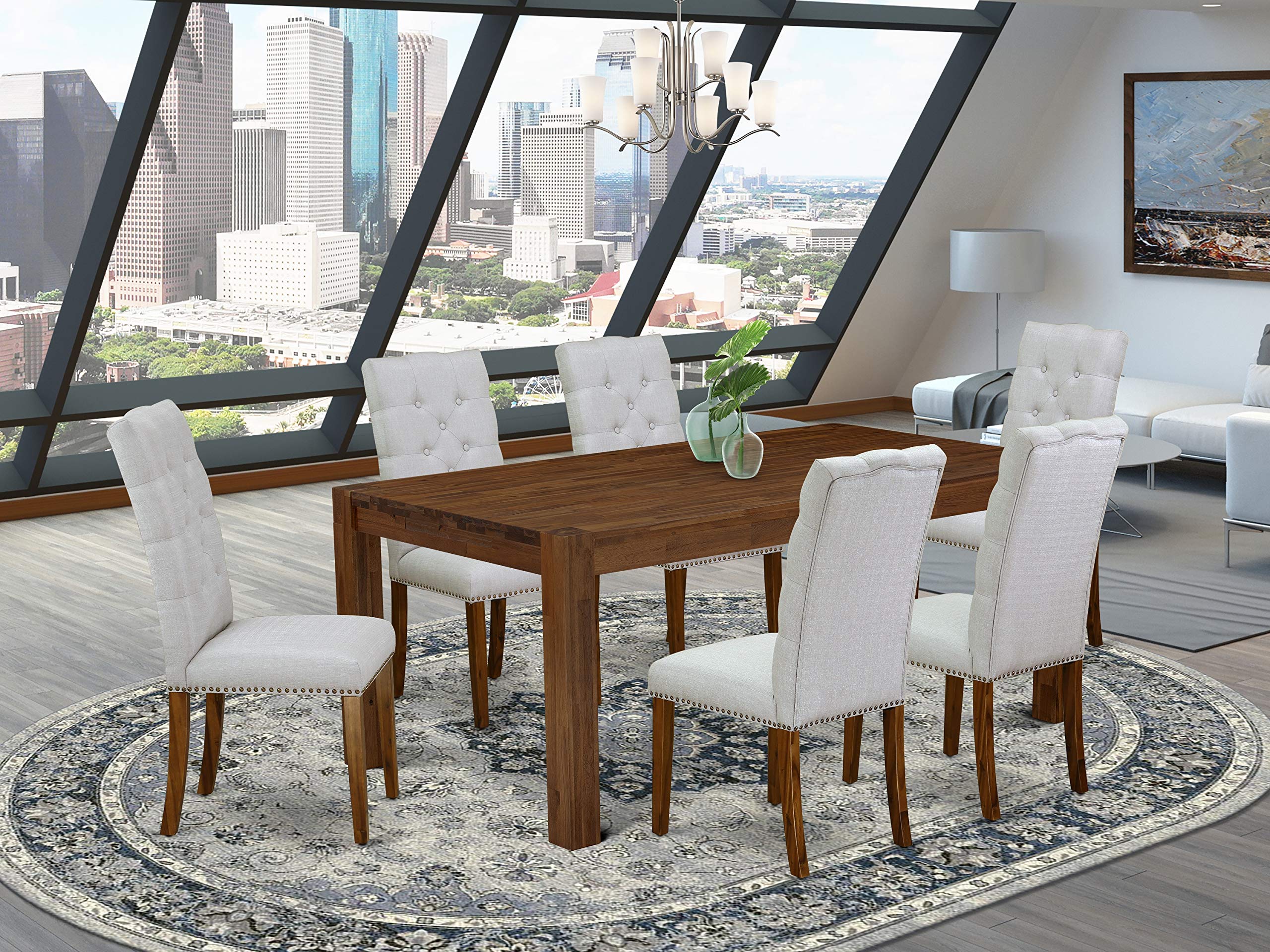 East West Furniture Lismore 7 Piece Room Set Consist Of A Rectangle Rustic Wood Dining Table And 6 Grey Linen Fabric Upholstered Chairs, 40X72 Inch, Lmel7-N8-05