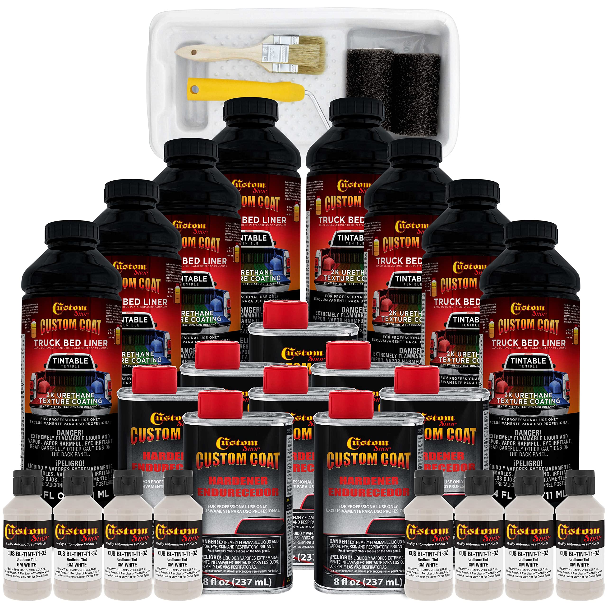 Custom Coat Gm White 2 Gallon Urethane Roll-On, Brush-On Or Spray-On Truck Bed Liner Kit With Roller And Brush Applicator Kit -