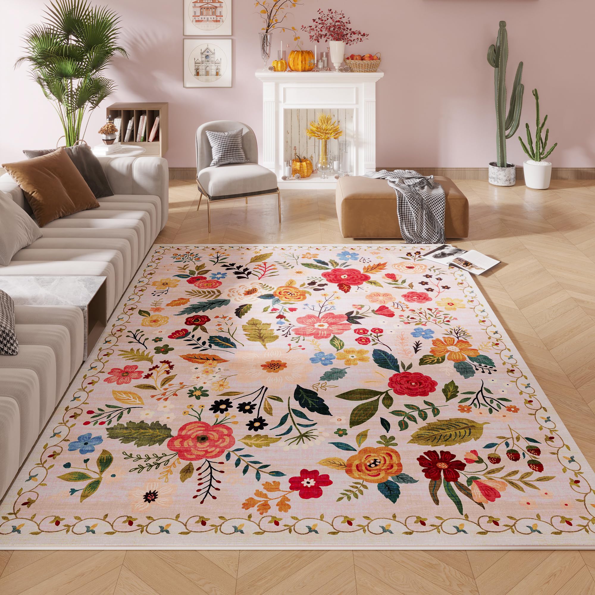 Rugcomf Living Room Rug 5x7 Rug Machine Washable Boho Area Rug Non Slip Floral Vintage Low Pile Large Rugs for Living Room, Bedr