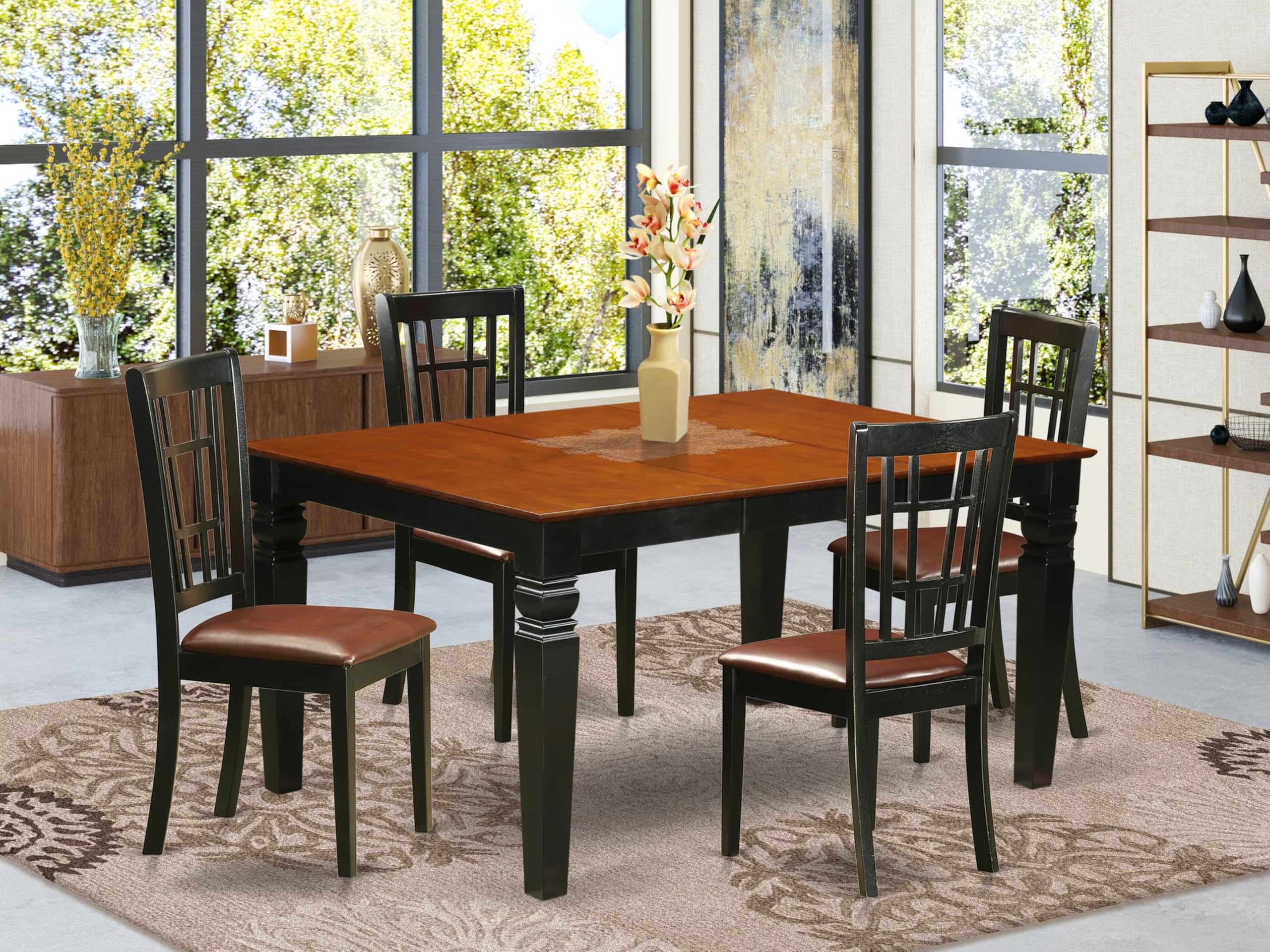East West Furniture WENI5-BCH-LC 5 Piece Kitchen Table Set for 4 Includes a Rectangle Dining Table with Butterfly Leaf and 4 Faux Leather Dining Room Chairs, 42x60 Inch, Black & Cherry