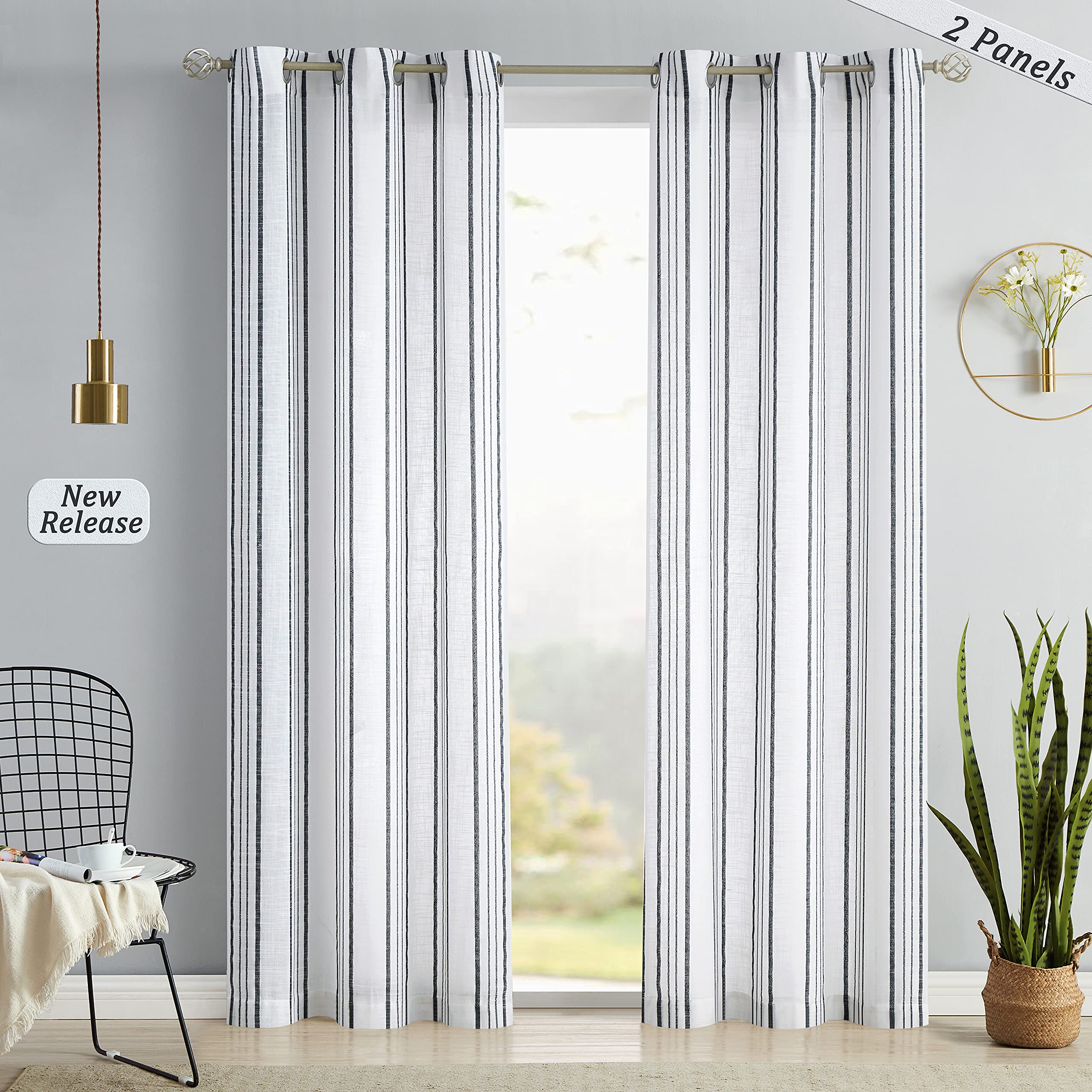 Sxzjtex Pinstripe Window Curtain Panels Modern Vertical Stripes Sheer Drapes For Bedroom Light Filtering Privacy Protection Wind