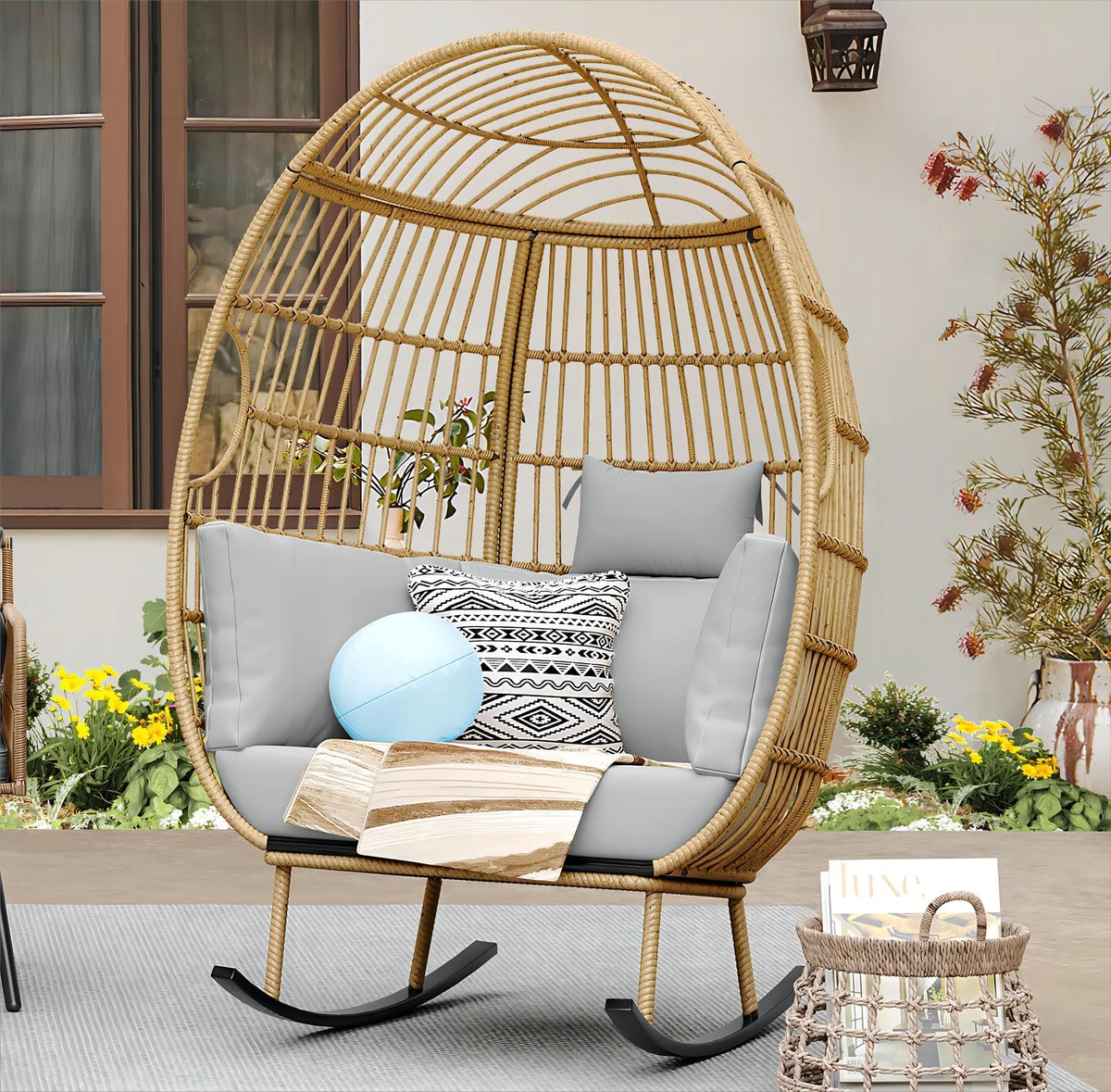 Yitahome Wicker Egg Chair Outdoor, Patio Egg Chair, Rocking Egg Chair For Outside, Grey