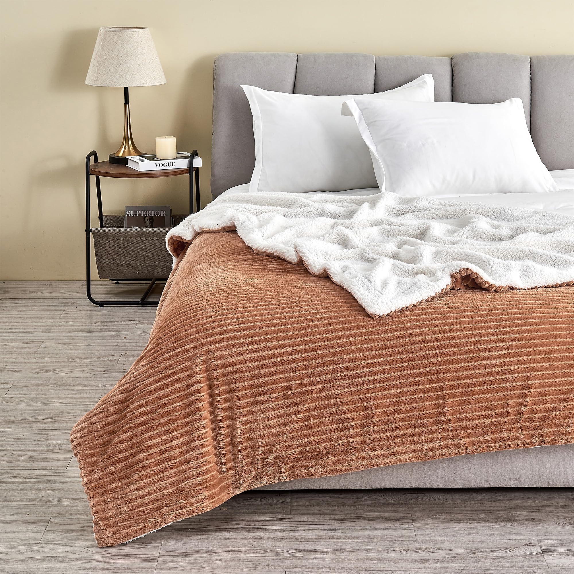 Ribbed Texture Reversible Brown Throw Blanket, Fluffy And Luxurious Twin Blanket (90' X 66' Blanket, Toffee)