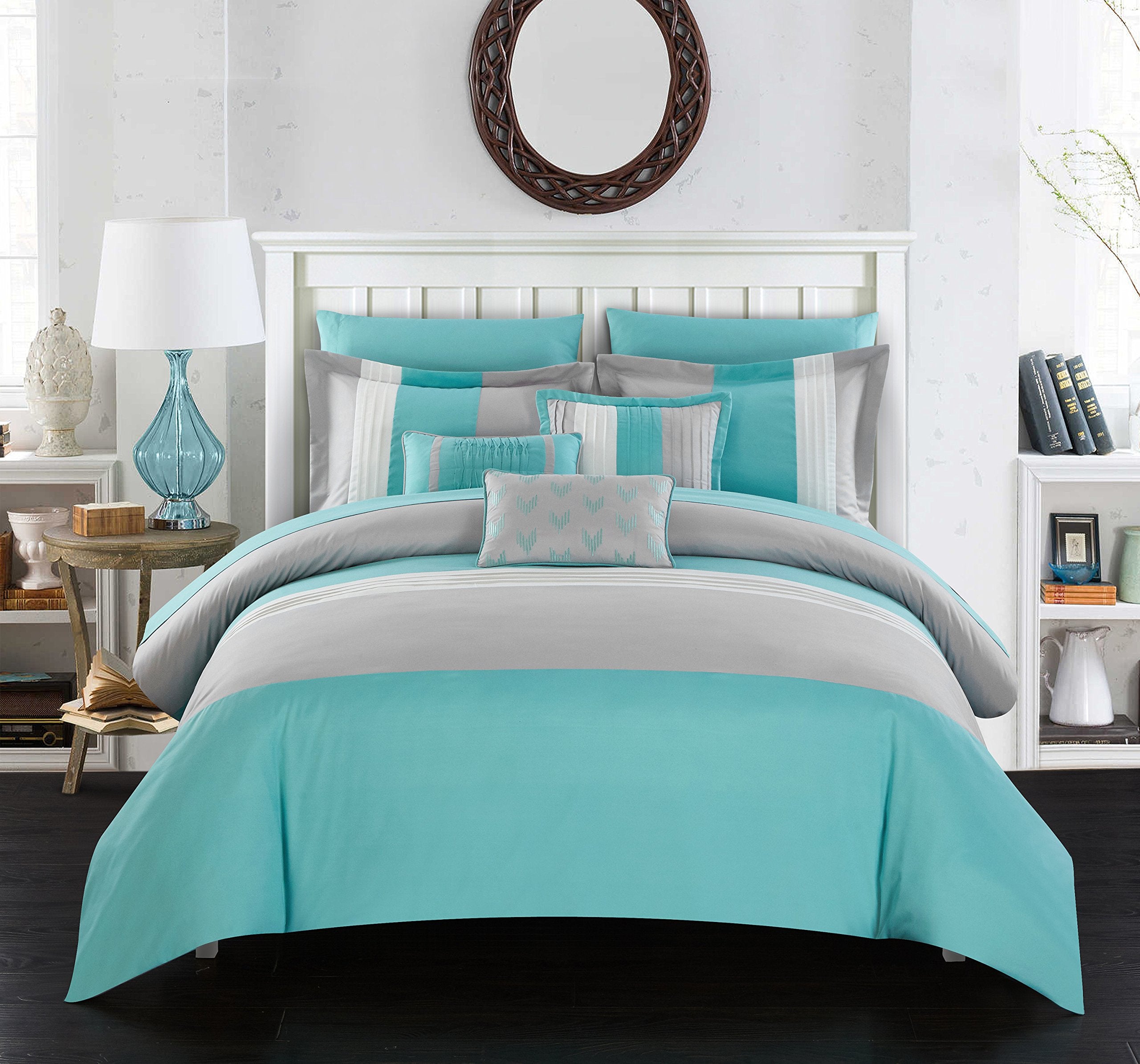 Chic Home Turquoise Bed In A Bag Comforter Set, King Size (10 Pieces), Ayelet - Color Block Stripe Premium Microfiber Bedding -