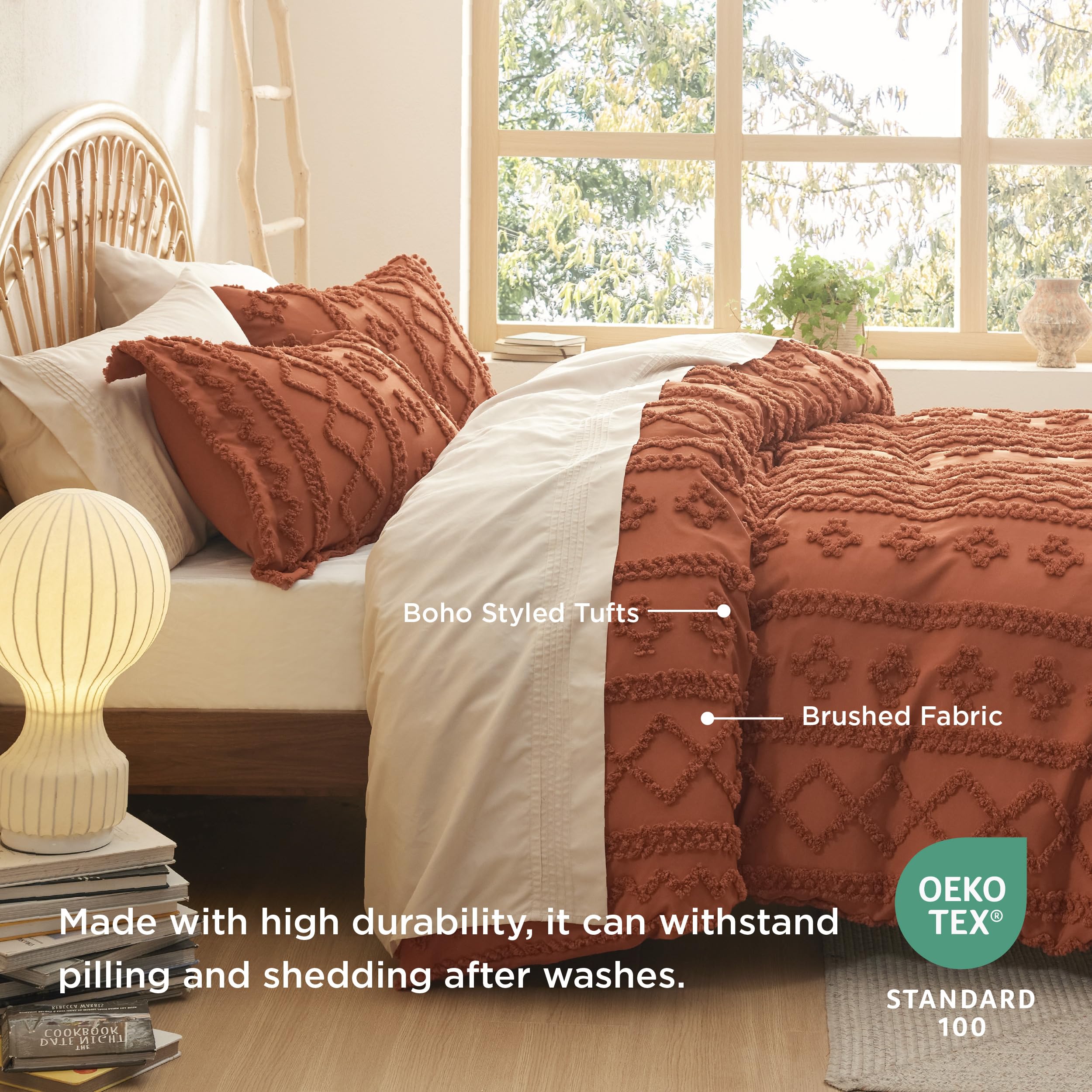 Bedsure Boho Duvet Cover Queen Size - Tufted Duvet Cover Queen Set For All Seasons, 3 Pieces Soft Shabby Chic Embroidery Boho Bedding, Comforter Not Included (Terracotta, 90' X 90')