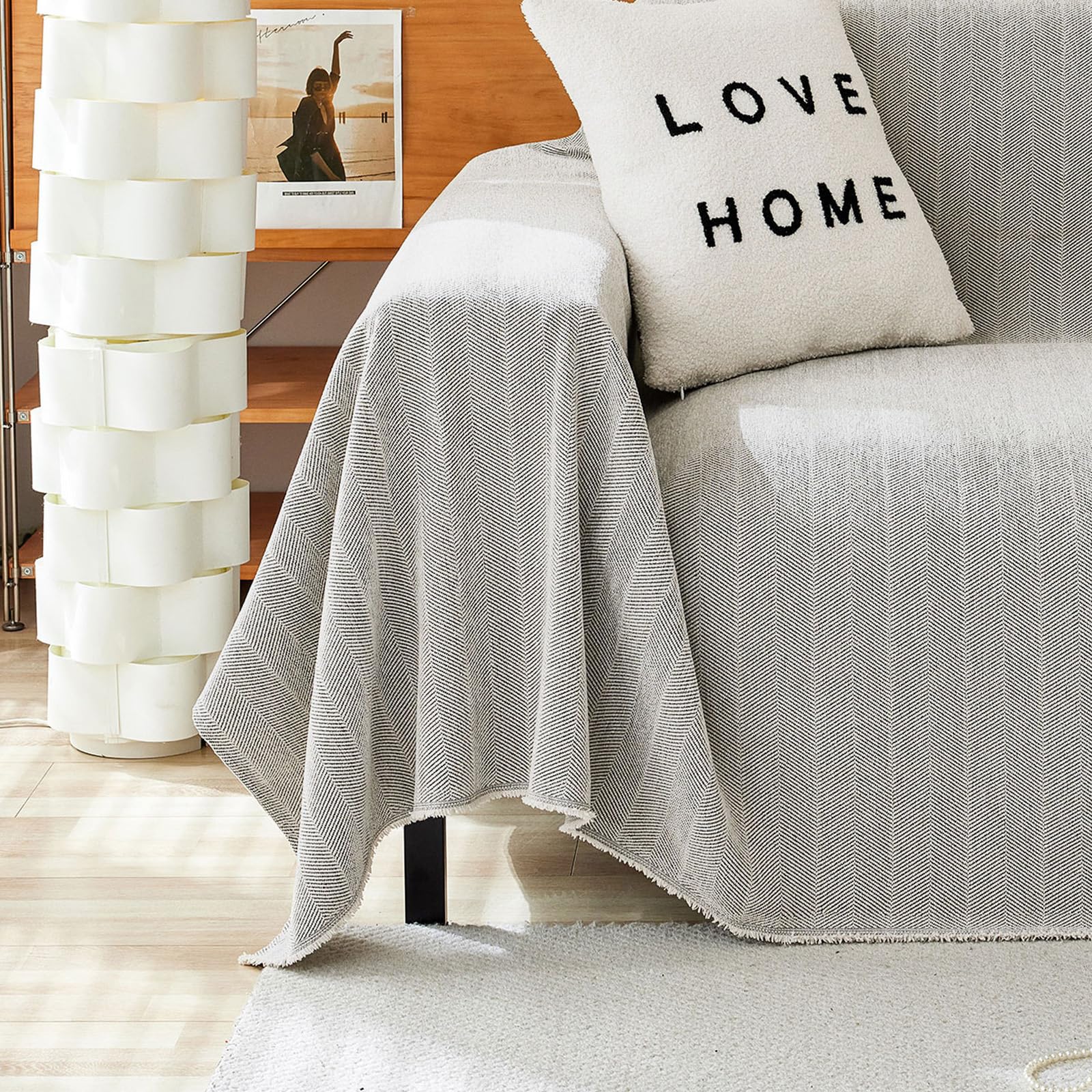 Handontime Grey Sofa Cover For Couch Boho Couch Cover For 3 Seat Couch Dog Couch Cover Love Seat Couch Covers Light Grey Sofa Sectional Cover 91' X134' Tassel Chenille Herringbone Sofa Covers