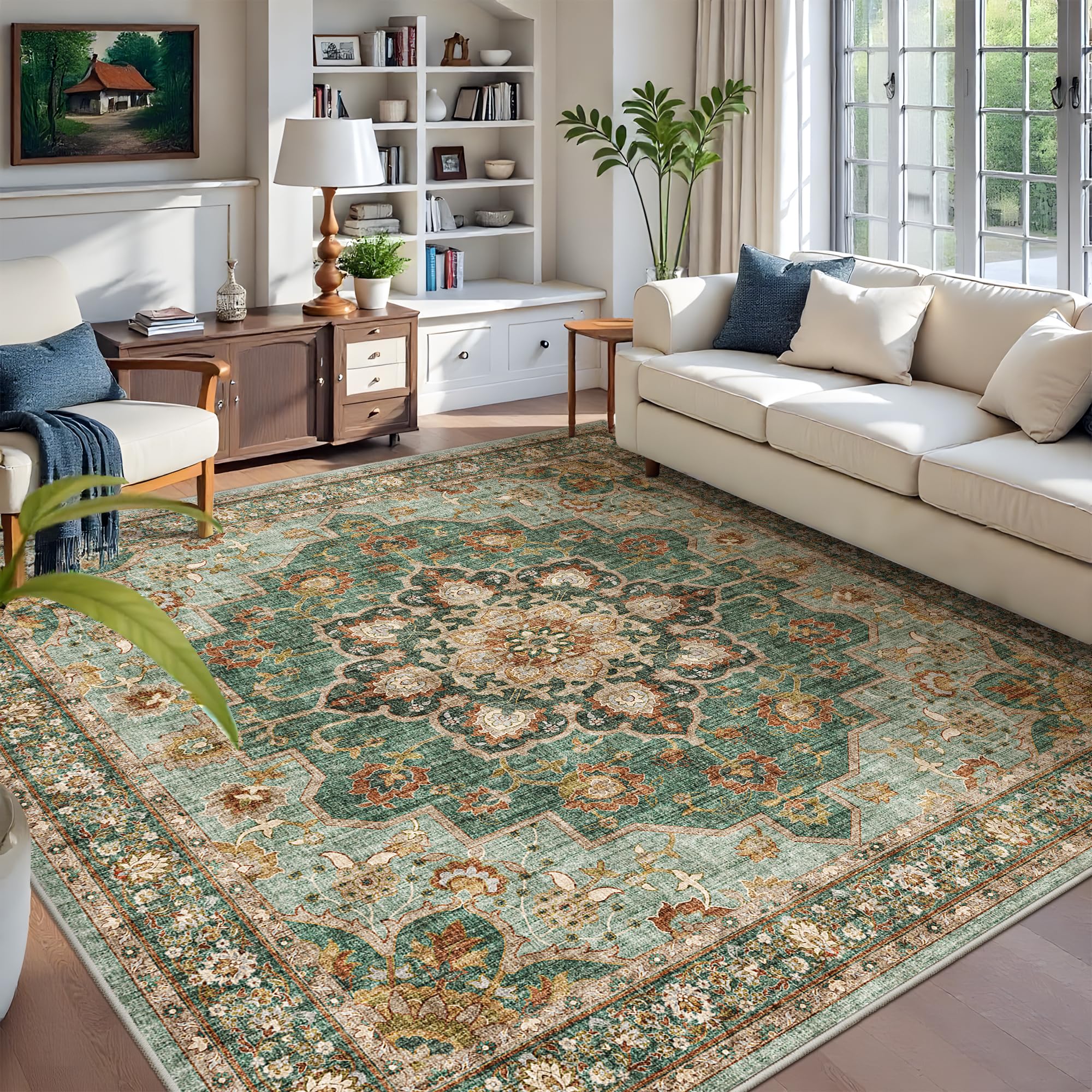 TOPRUUG Green Living Room Rug - Washable 9x9 Area Rug for Dining Room Under Table Oriental Soft Low Pile Carpet for Bedroom - Vi