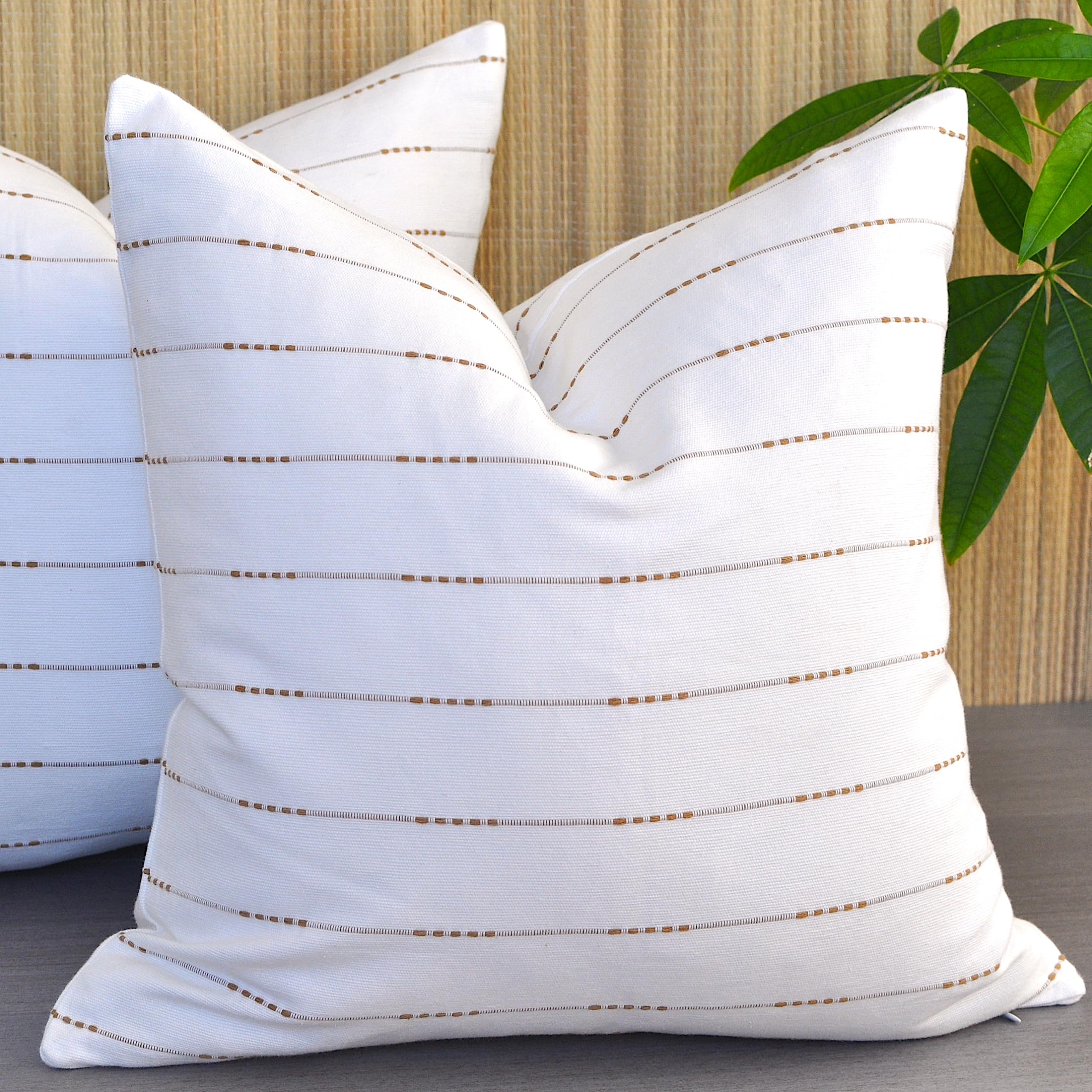 Minimalist Neutral Pillow Covers 18 X18 Inches Cream White/Cotton Woven Striped Geometric Pattern Contemporary Cushion Covers/Si