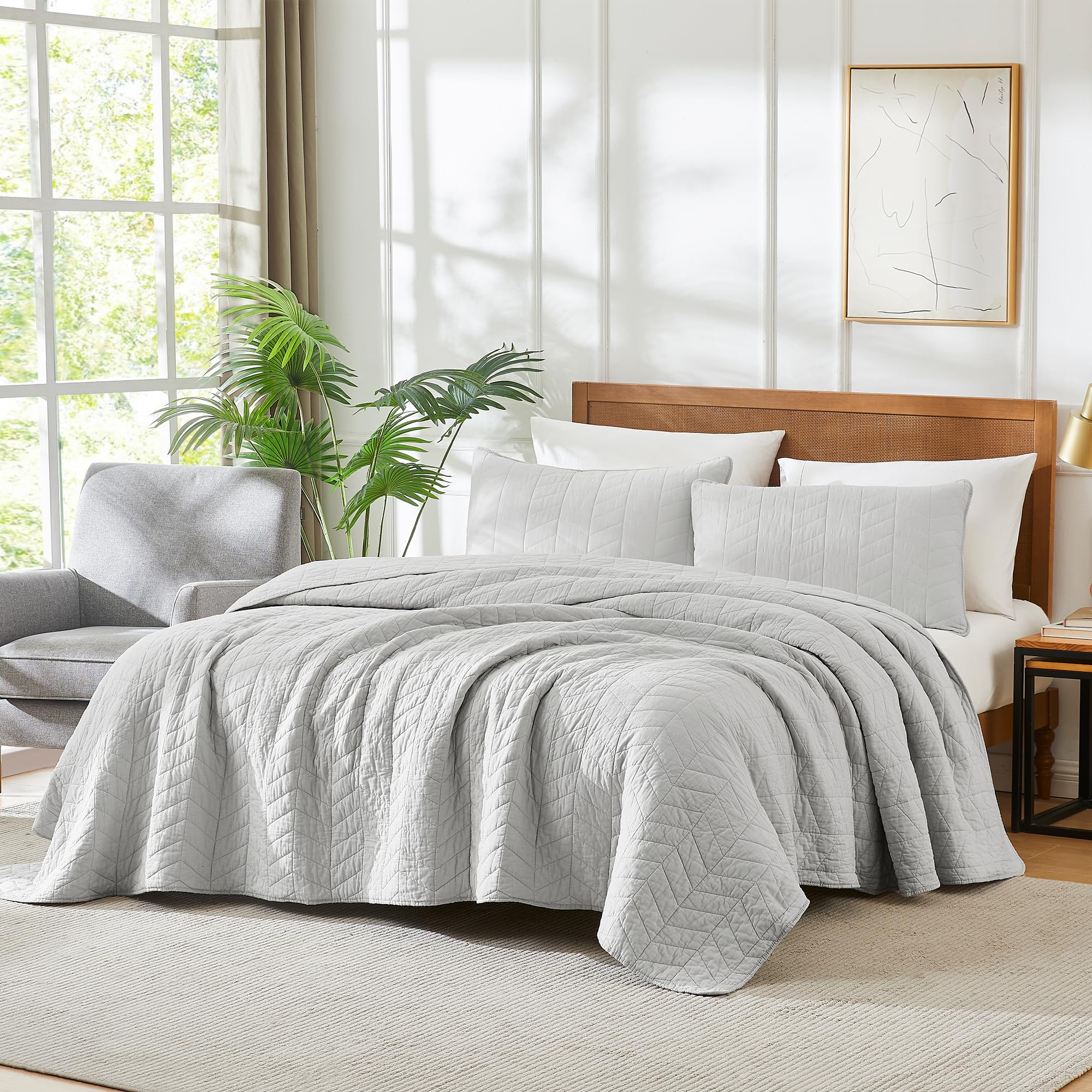 Palassio Light Grey 100% Cotton Quilt Twin Size Bedding Sets With Pillow Sham, Lightweight Soft Bedspread Coverlet, Quilted Comf