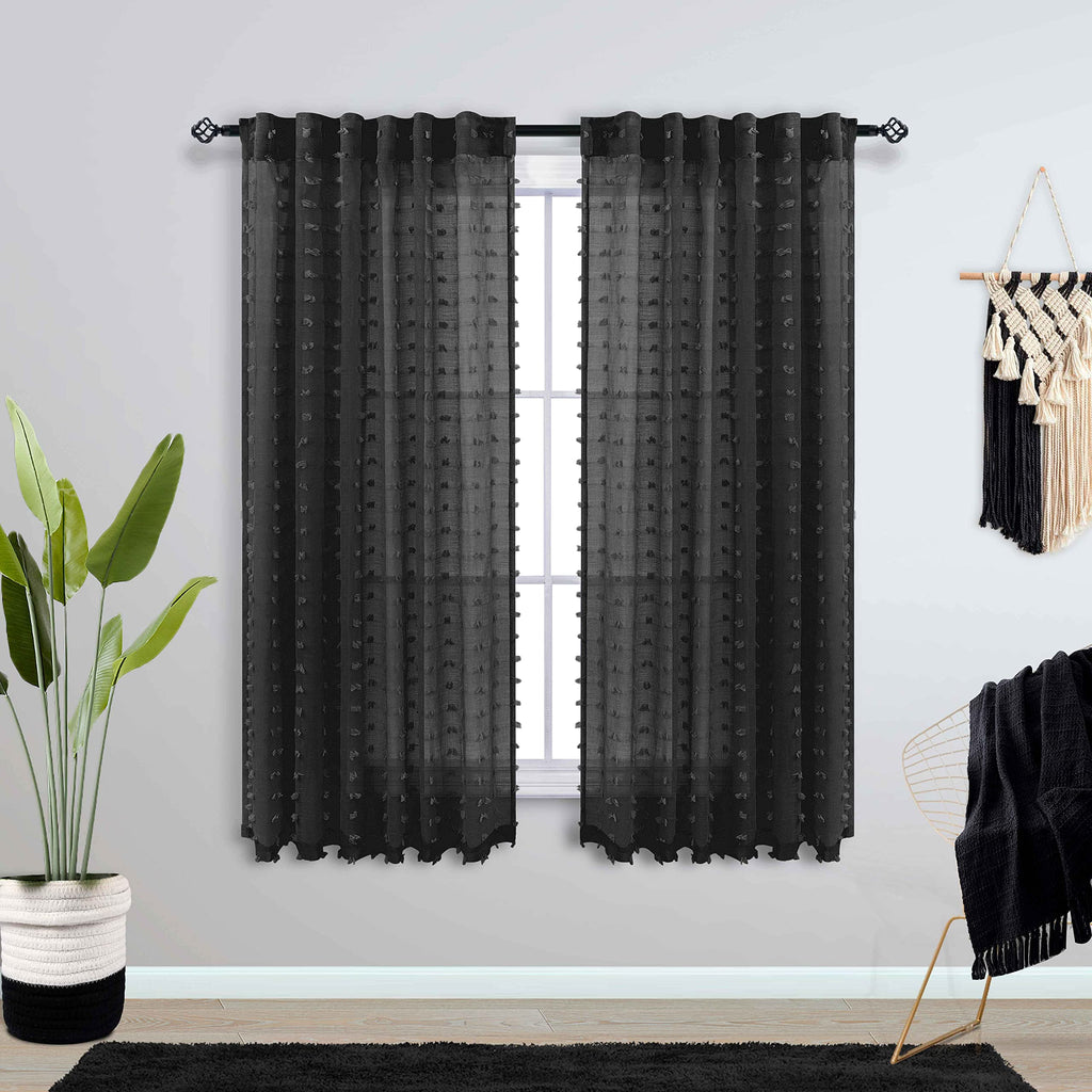 Koufall Black Curtains 45 Inch Length For Kitchen Window,Rod Pocket Pom Pom Textured Boho Lace Sheer Curtains For Bathroom Window