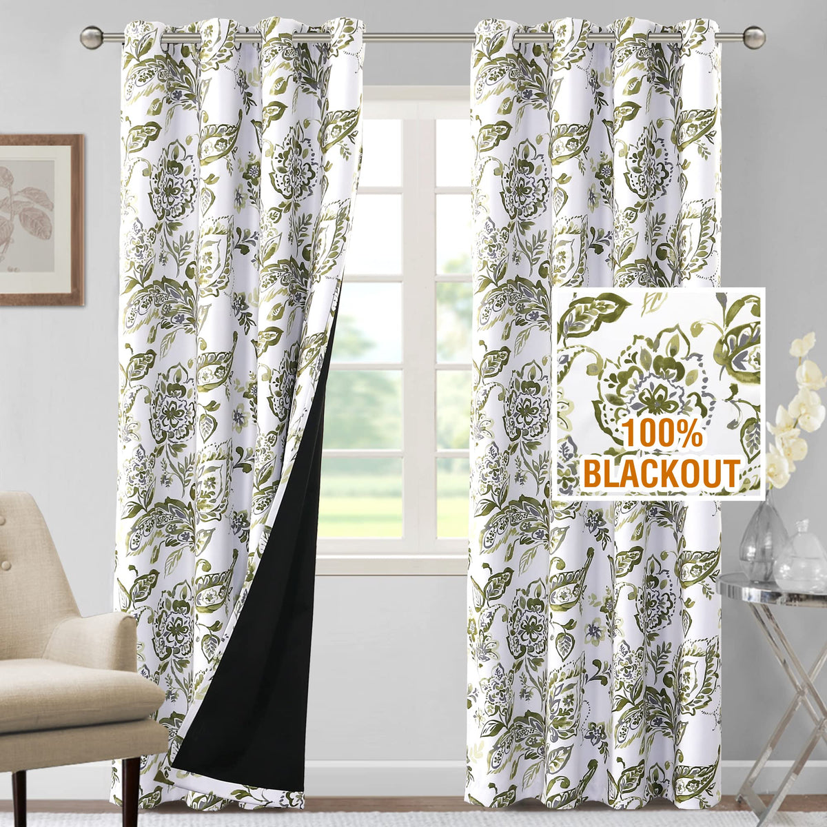 H.Versailtex 100% Blackout Curtains For Bedroom Paisley Floral Printed Curtains 96 Inches Long Grommet Curtains & Drapes Thermal