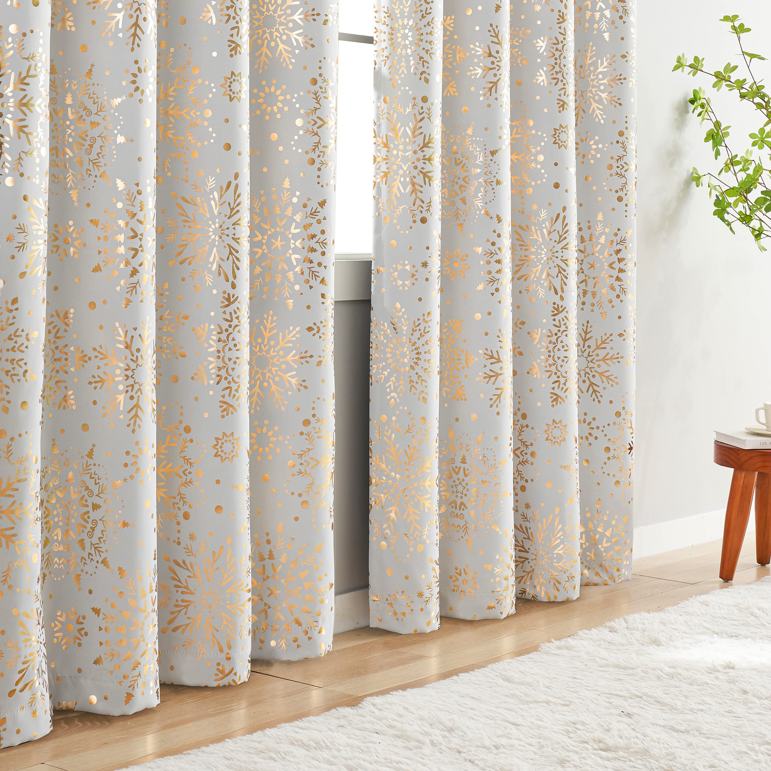 White Gold Snowflake Blackout Curtains for Living Room 63 Foil Medallion Print Floral Blackout Curtains for Bedroom Vintage Ther