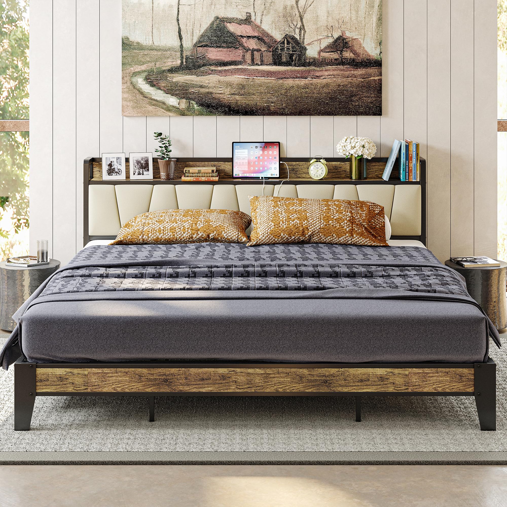 LIKIMIO King Bed Frame, Storage Headboard with Charging Station, Solid and Stable, Noise Free, No Box Spring Needed, Easy Assemb
