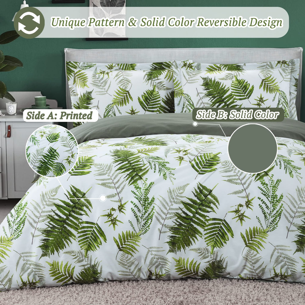Mildly 100% Long-Staple Cotton Duvet Cover Set Green Palm Leaf Pattern Printed Comforter Cover 3Pcs, Ultra Soft & Breathable Bed