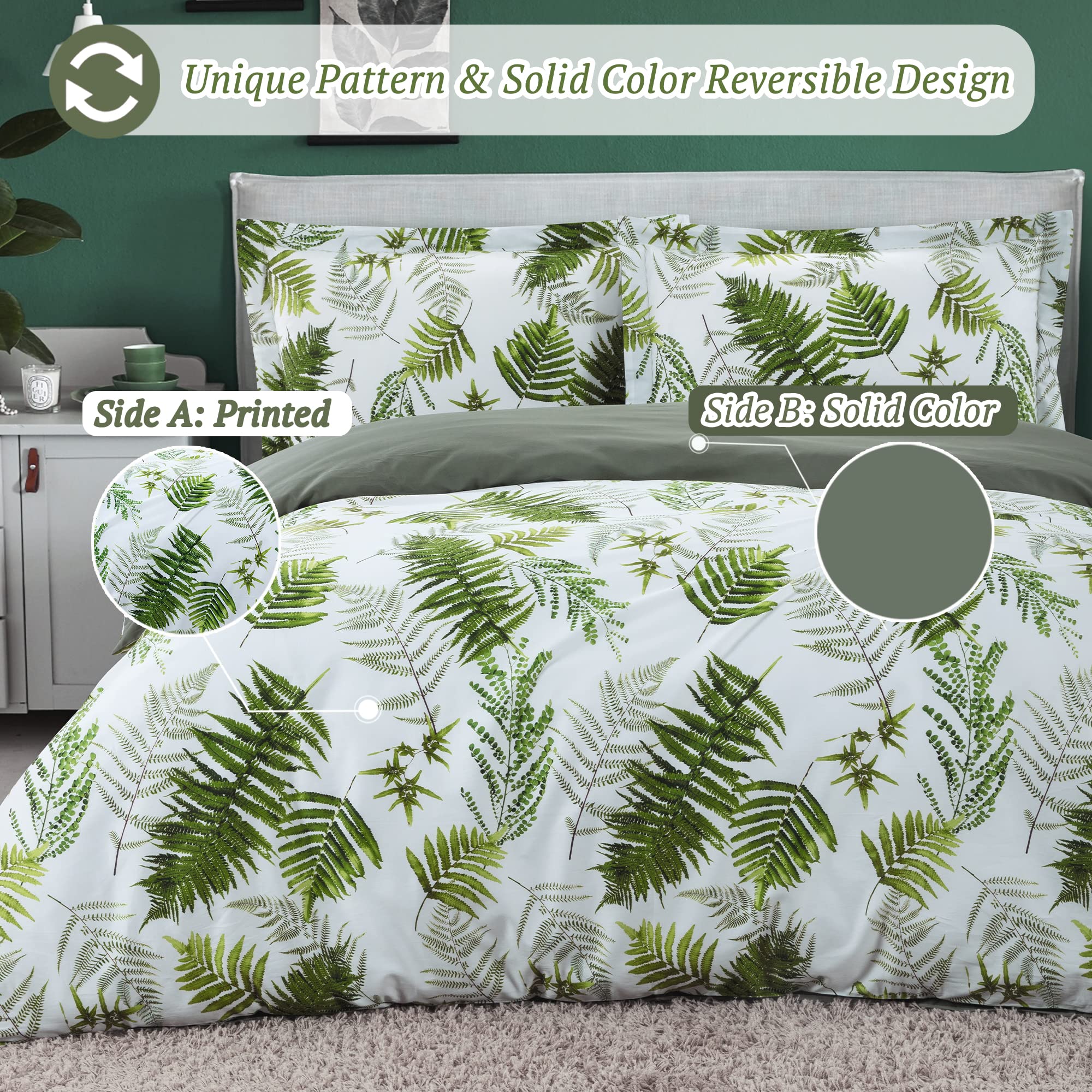 Mildly 100% Long-Staple Cotton Duvet Cover Set Green Palm Leaf Pattern Printed Comforter Cover 3Pcs, Ultra Soft & Breathable Bed