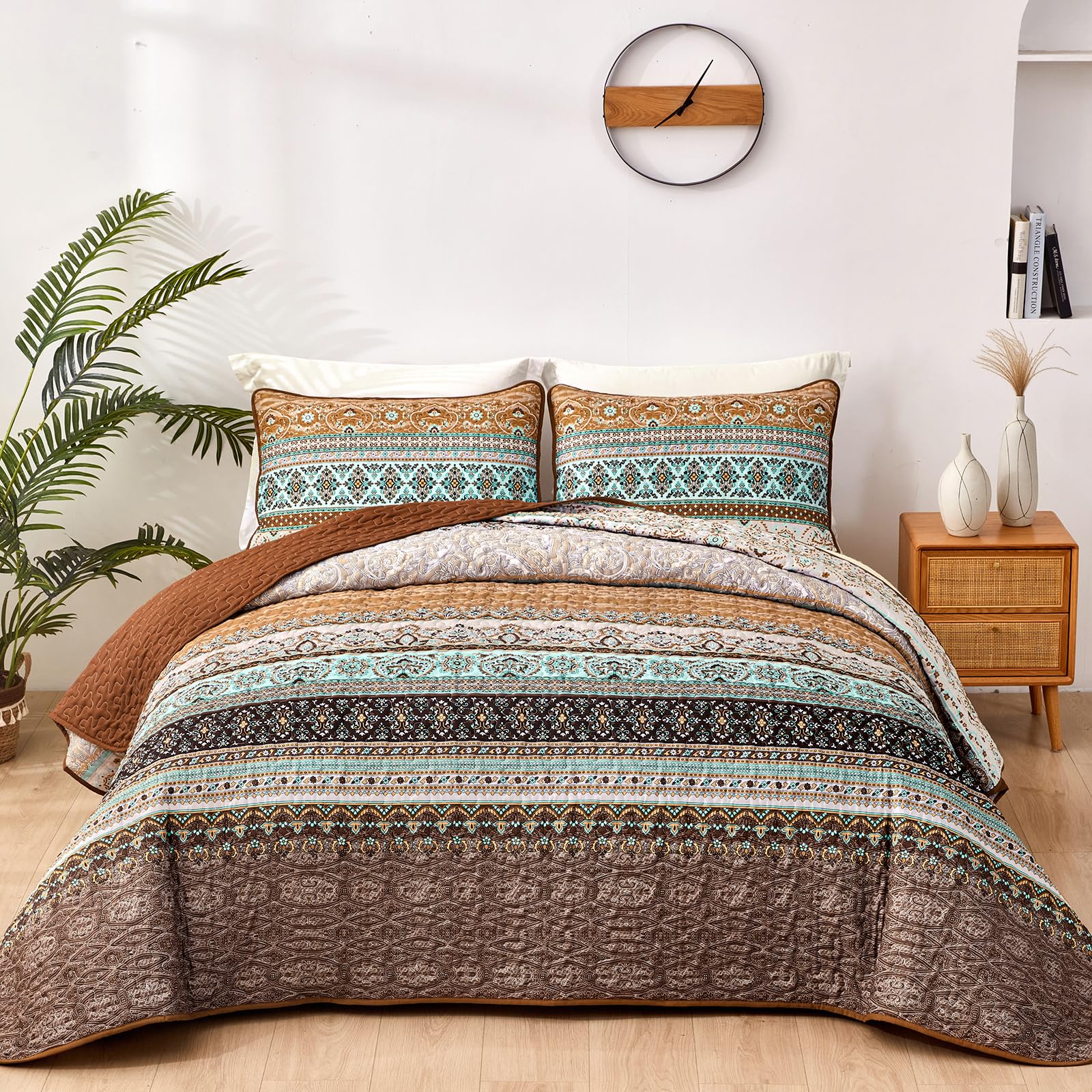 Wongs Bedding Boho Fall Queen Quilt Set, Brown Bohemian Queen Quilt Bedding Set, Lightweight Microfiber Bed Decor Bedspread For