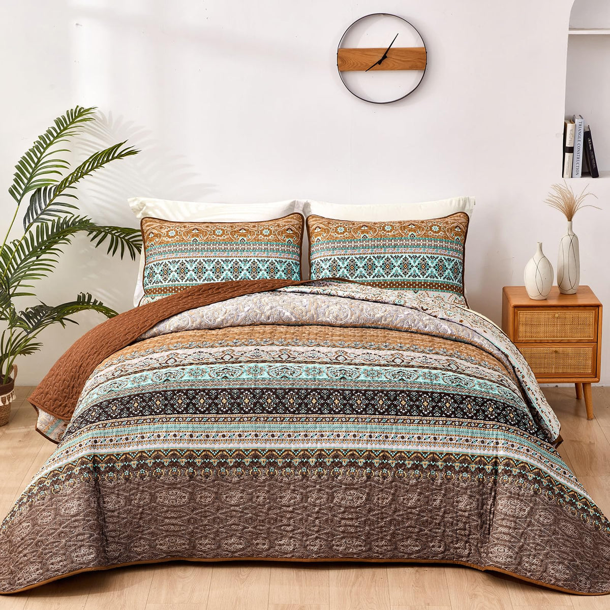 Wongs Bedding Boho Fall Quilt Set Full, Brown Bohemian Quilt Bedding Set, Ultra Soft Lightweight Bedspread For All Season Revers
