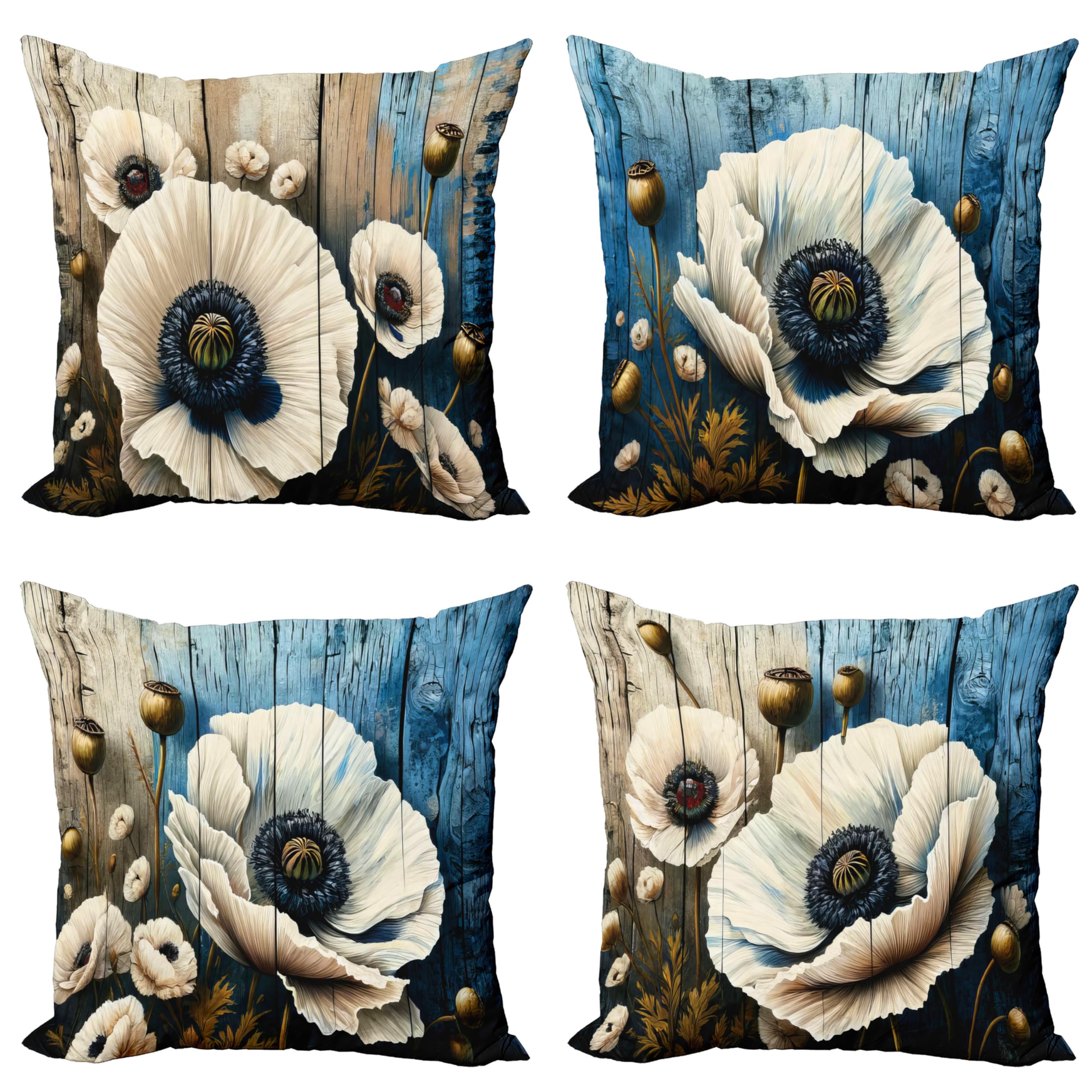 Ambesonne Flower Throw Pillow Cushion Cover Set Of 4, Rustic Floral Motif With Brushstroke Details Bold Poppy Blossoms Print, De