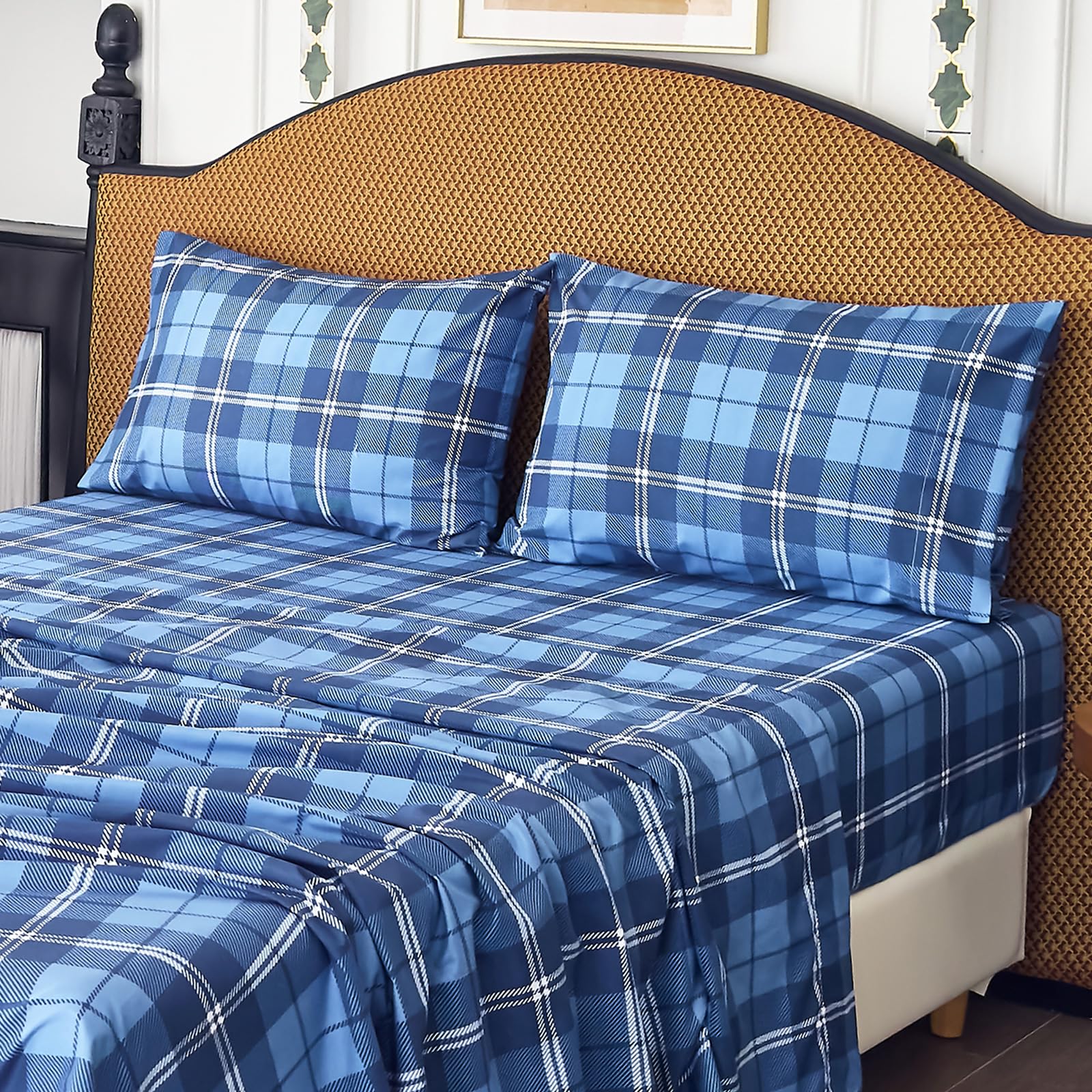 Micoral Queen Sheet Set Plaid Patten, 4-Piece Printed Sheets, Silky & Lightweight Bedding Set, 16' Deep Pocket, Ultra Soft & Co