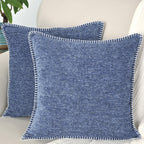 Decorative Stitched Edges Soft Throw Pillow Covers Heather Navy Blue 20X20 Inches Set Of 2 / Cozy Chenille Cushion Covers/Modern