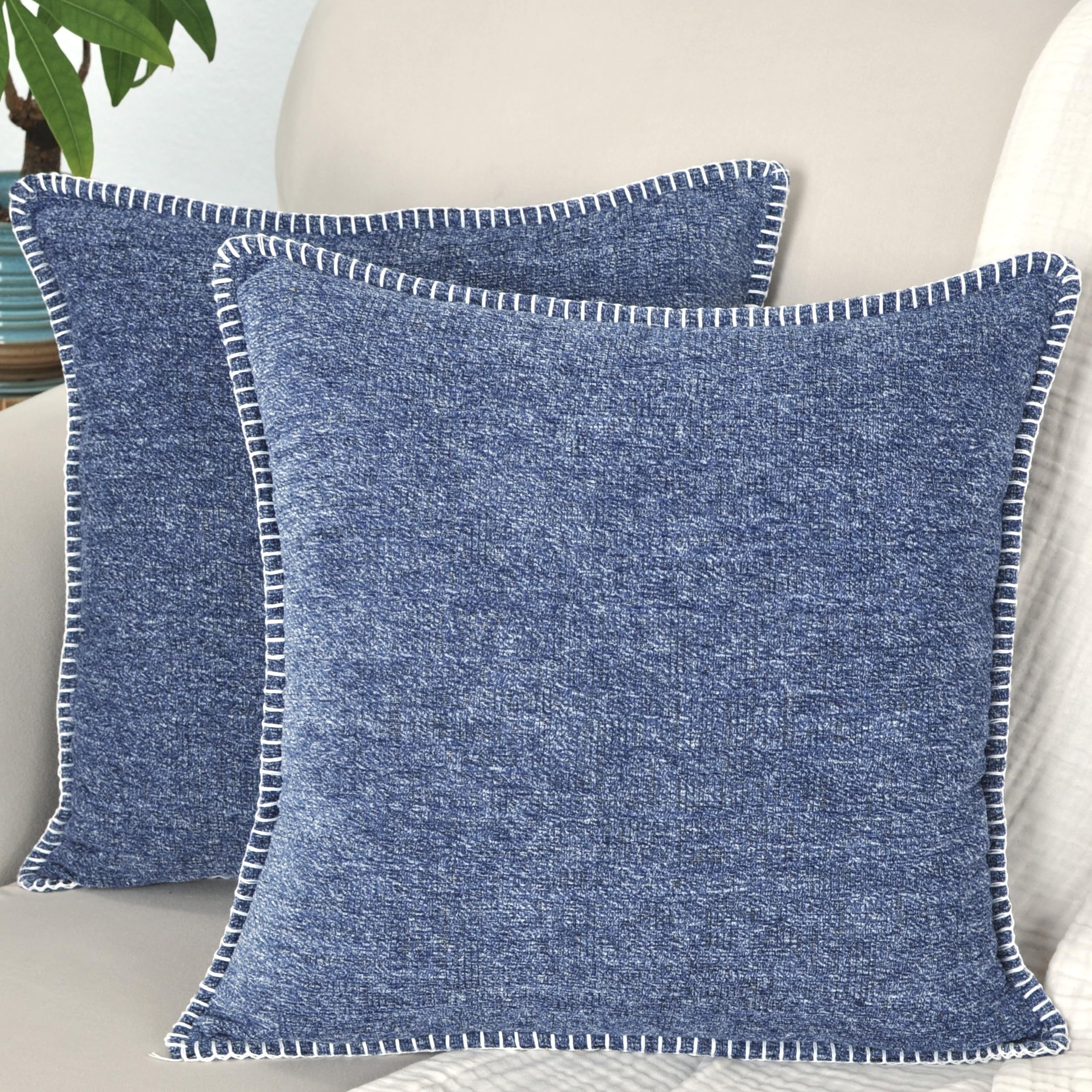 Decorative Stitched Edges Soft Throw Pillow Covers Heather Navy Blue 20X20 Inches Set Of 2 / Cozy Chenille Cushion Covers/Modern