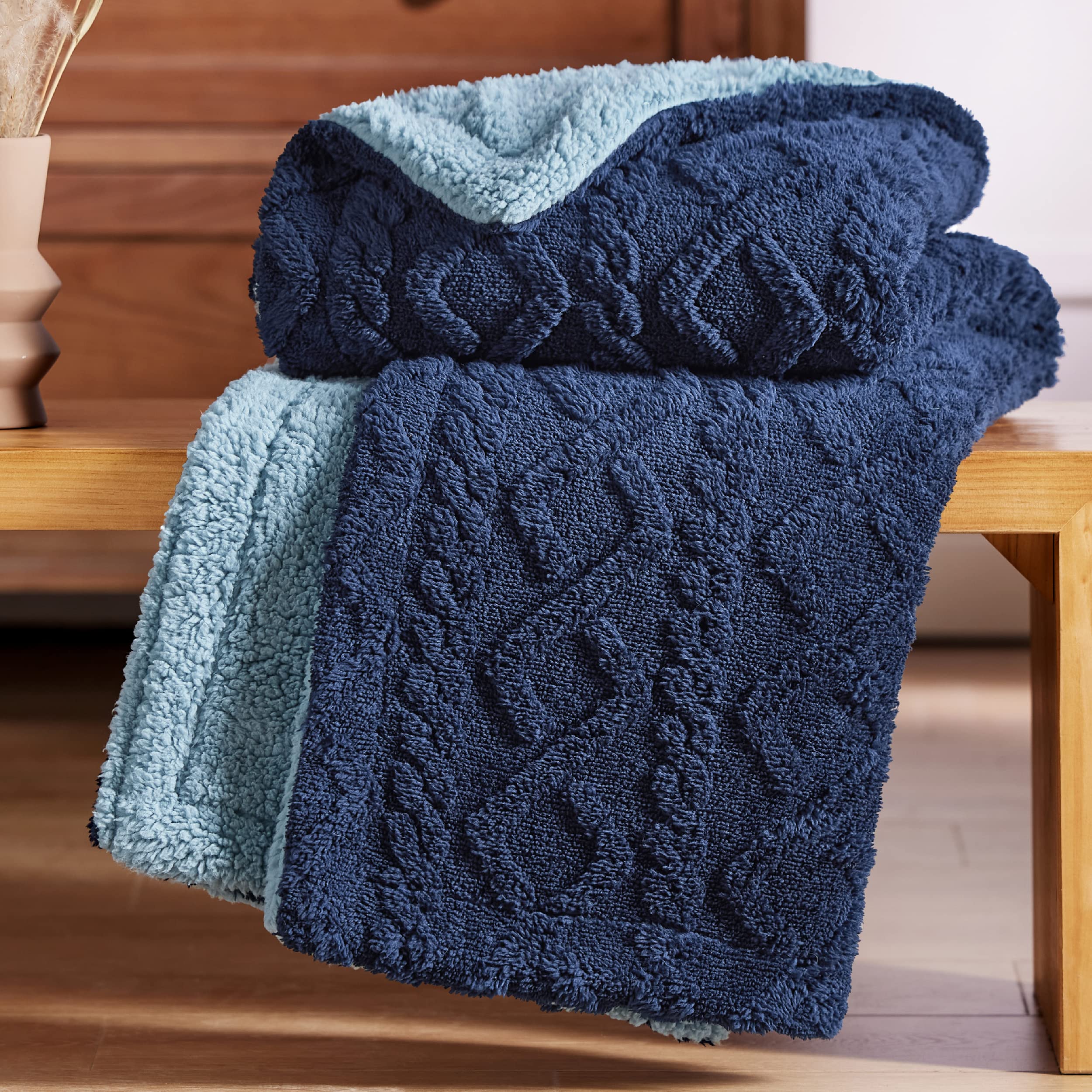Bedsure Sherpa Throw Blanket For Couch Sofa - Fuzzy Soft Cozy Blanket For Bed, Fleece Thick Warm Blanket For Winter, Navy Blue,