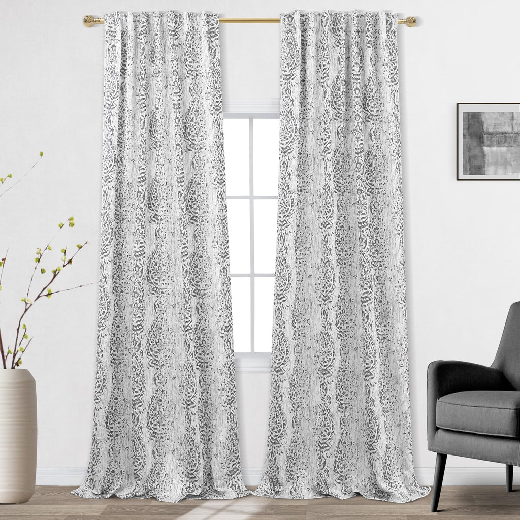 Patterned Curtains Drapes 120 Inch Long For Living Room 2 Panels,Extra Long 50% Blackout Black Out Light Filtering Back Tab Boho Print Pattern 10Ft Length Ceiling Curtains For Tall Window,Grey Gray