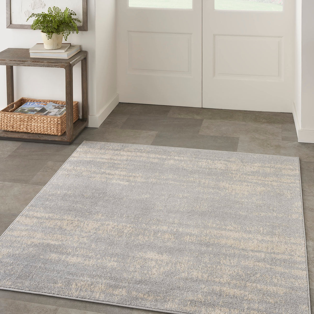 Nourison Essentials Indoor/Outdoor Solid Abstract Grey/Beige 5' X Square Area Rug, Easy Cleaning, Non Shedding, Bed Room, Living Room, Dining Room, Backyard, Deck, Patio (5 Square)