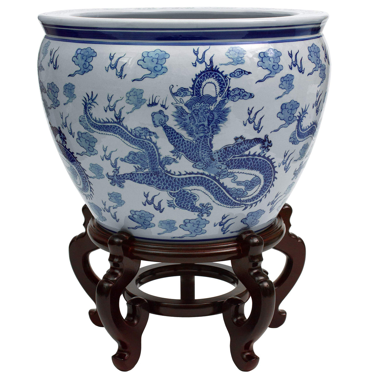 Red Lantern 18' Dragon Blue & White Porcelain Fishbowl