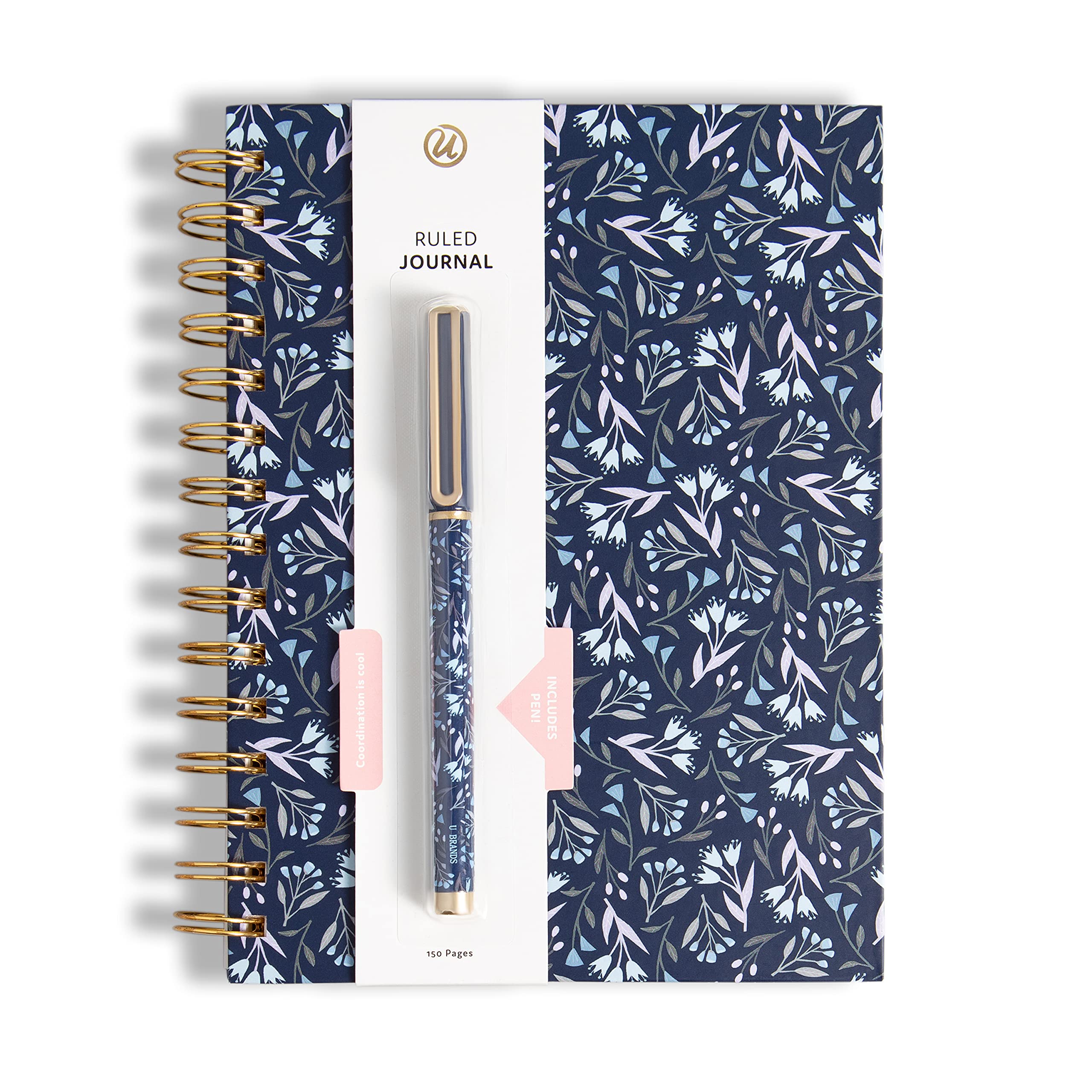 U Brands Navy Floral Spiral Bound Journal And Pen Set, Gold-Tone Hardware, 2 Pieces