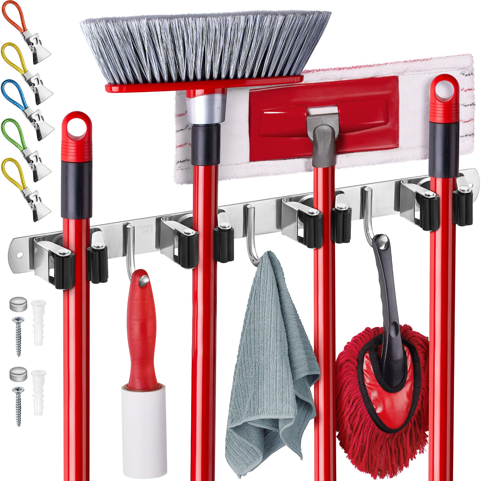 EFFEKTIVTOOLS Mop and Broom Holder Wall Mount - Self-Adhesive Stainless Steel broom hanger organizer - 4 Clamps, 3 Hooks, 5 Towe