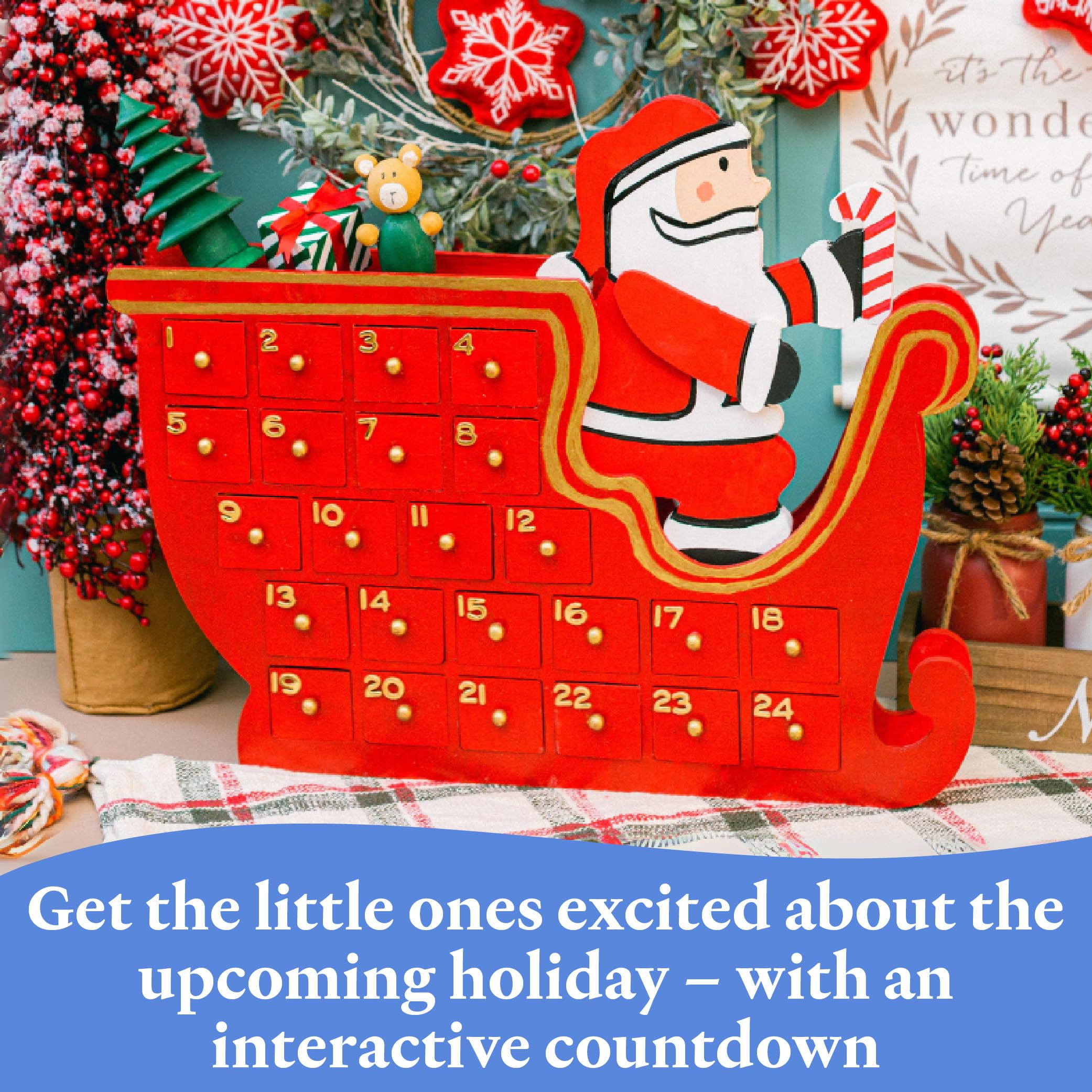 Sleigh Wooden Advent Calendar 12 X 20 Inch, Pack Of 4 Christmas Advent Calendar With 24 Empty Drawers For Crafts, By Woodpeckers
