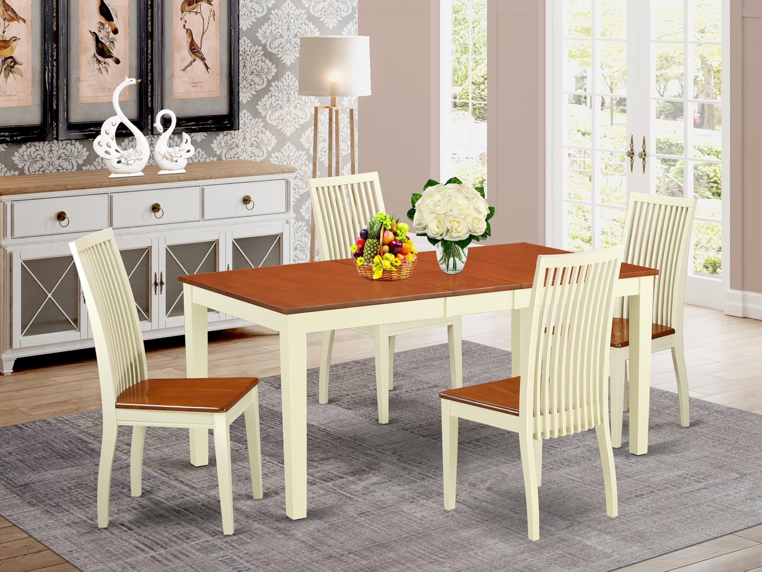 East West Furniture NIIP5-BMK-W 5 Piece Dining Table Set for 4 Includes a Rectangle Kitchen Table with Butterfly Leaf and 4 Dining Room Chairs, 36x66 Inch, Buttermilk & Cherry