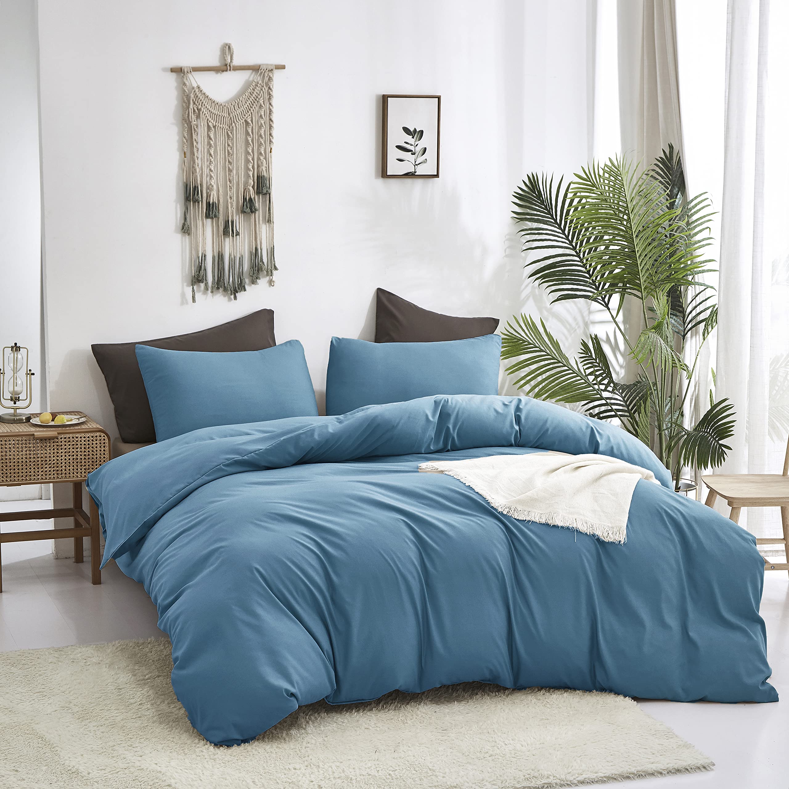 Luxlovery Blue Comforter Set Twin Men Women Solid Lake Blue Bedding Comforter Set Dark Color Quilts Blanket Cotton Soft Breathab