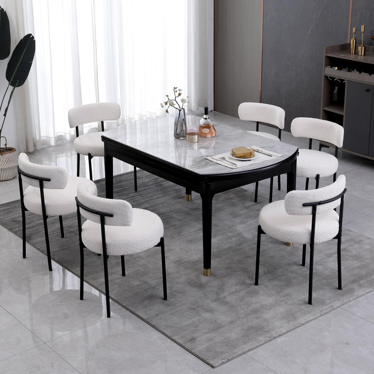 Aisall White Dining Chairs Set Of 6 Round Upholstered Boucle Dining Room Chairs Mid-Century Modern Kitchen Chairs Curved Backres