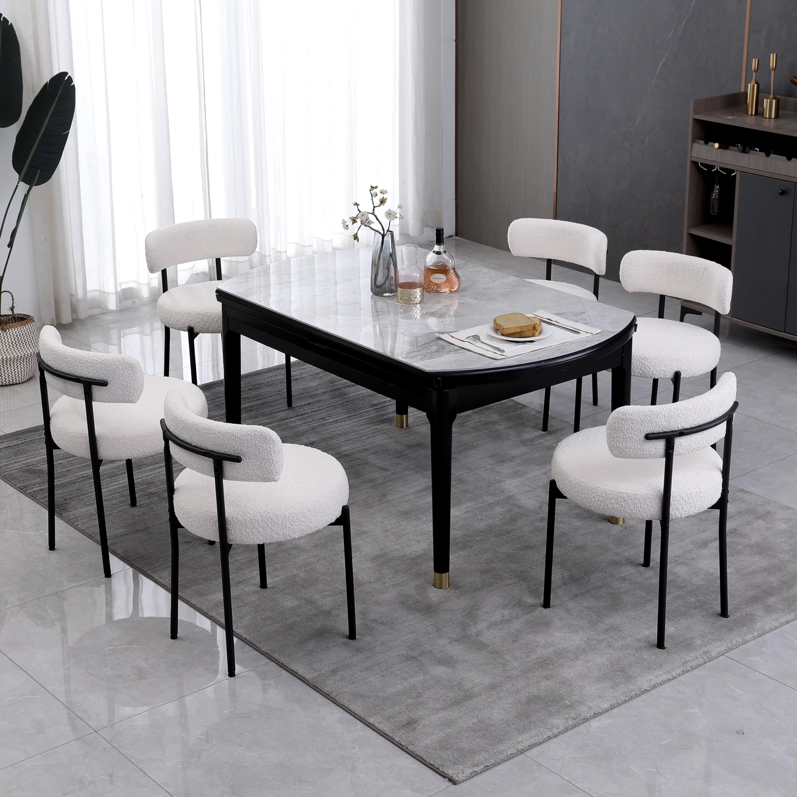 Aisall White Dining Chairs Set Of 6 Round Upholstered Boucle Dining Room Chairs Mid-Century Modern Kitchen Chairs Curved Backres