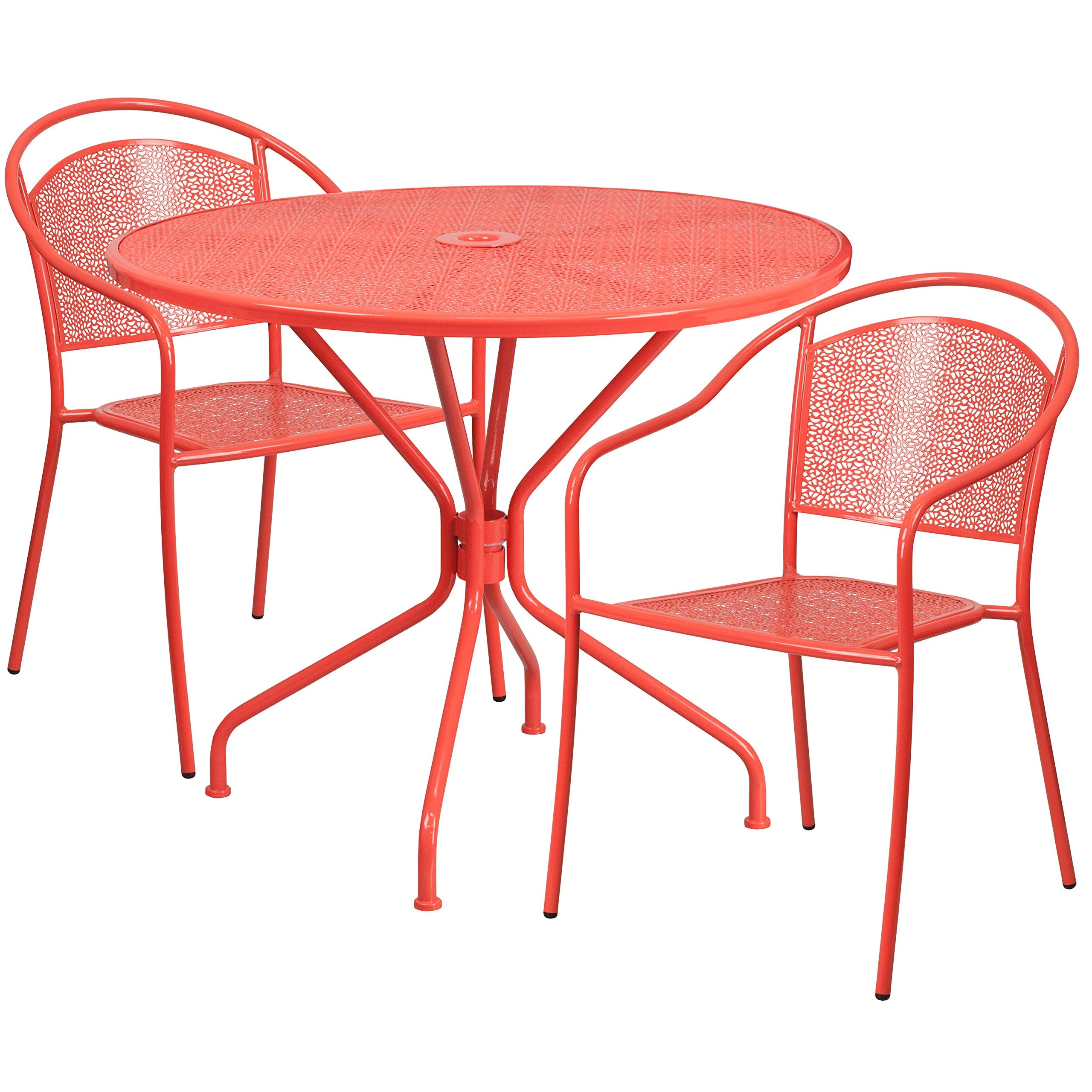 Flash Furniture Commercial Grade 35.25' Round Coral Indoor-Outdoor Steel Patio Table Set With 2 Round Back Chairs