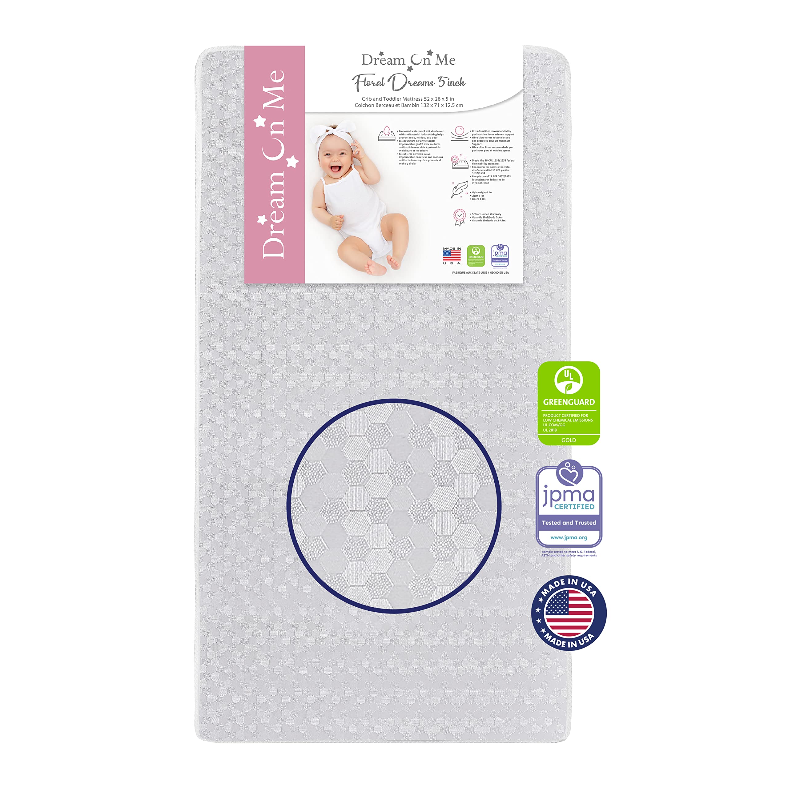 Dream On Me Honeycomb Orthopedic Firm Fiber Standard Baby Crib Mattress, Greenguard Gold and JPMA Certified, 5    Fiber Core Opt