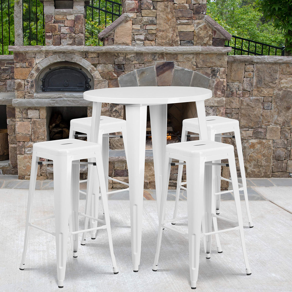 Flash Furniture Commercial Grade 30&quot; Round White Metal Indoor-Outdoor Bar Table Set with 4 Square Seat Backless Stools