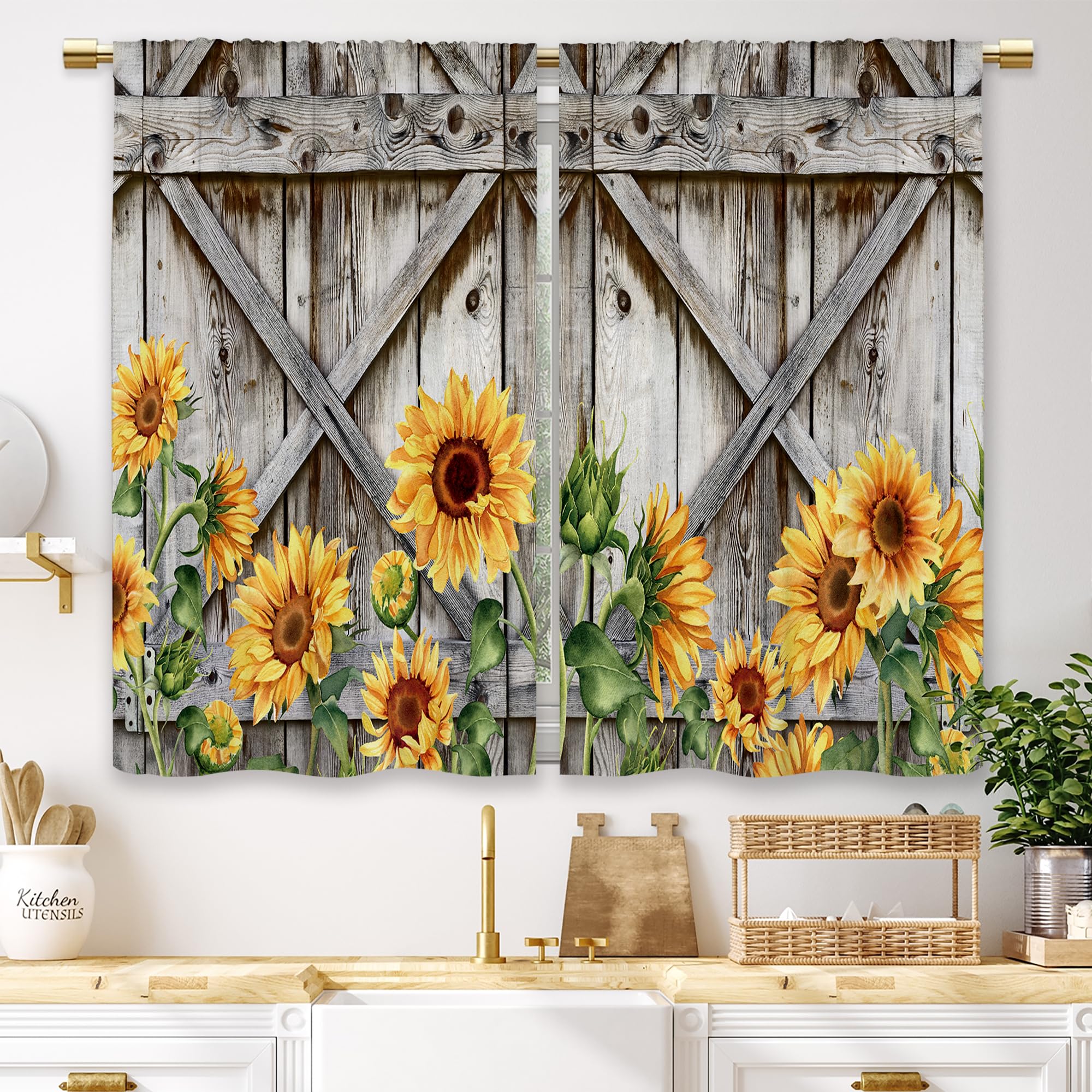 Laifzere Farmhouse Wooden Sunflower Barn Kitchen Curtains Country Flower Wood Small Short Cafe Window Curtains Rustic Floral Wes