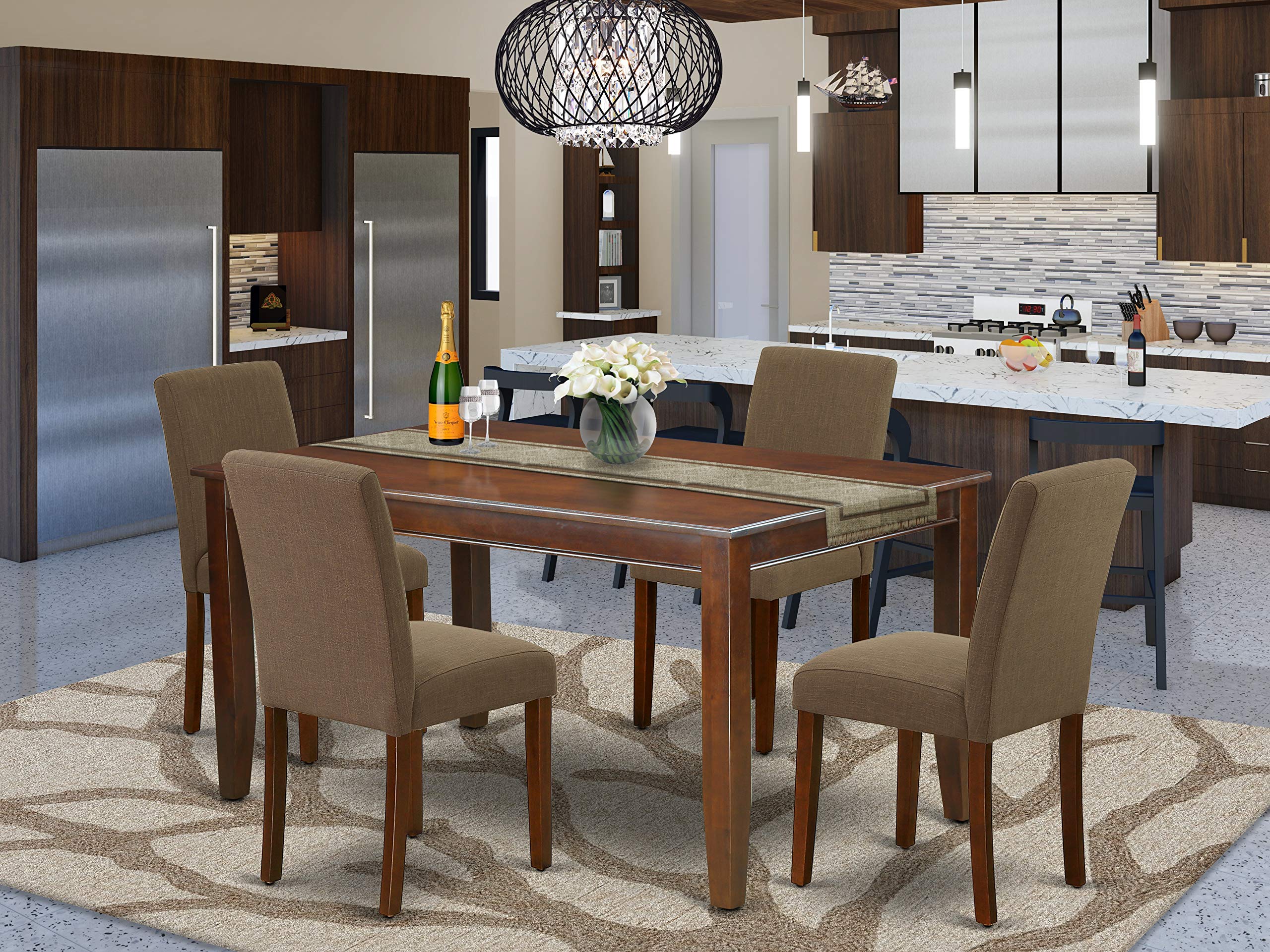 East West Furniture Duab5-Mah-18 Dudley 5 Piece Set Includes A Rectangle Dining Room Table And 4 Coffee Linen Fabric Upholstered Chairs, 36X60 Inch