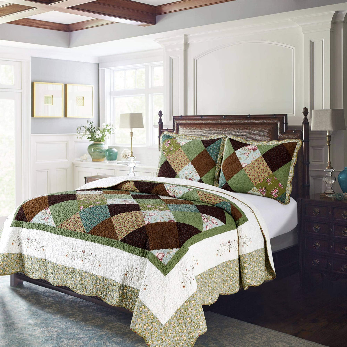 Kasentex Authentic 100% Cotton Easy-Clean Multi Checkered Printed Quilt With Lavish Floral-Paisley Bedspread, Soft Hotel Luxury