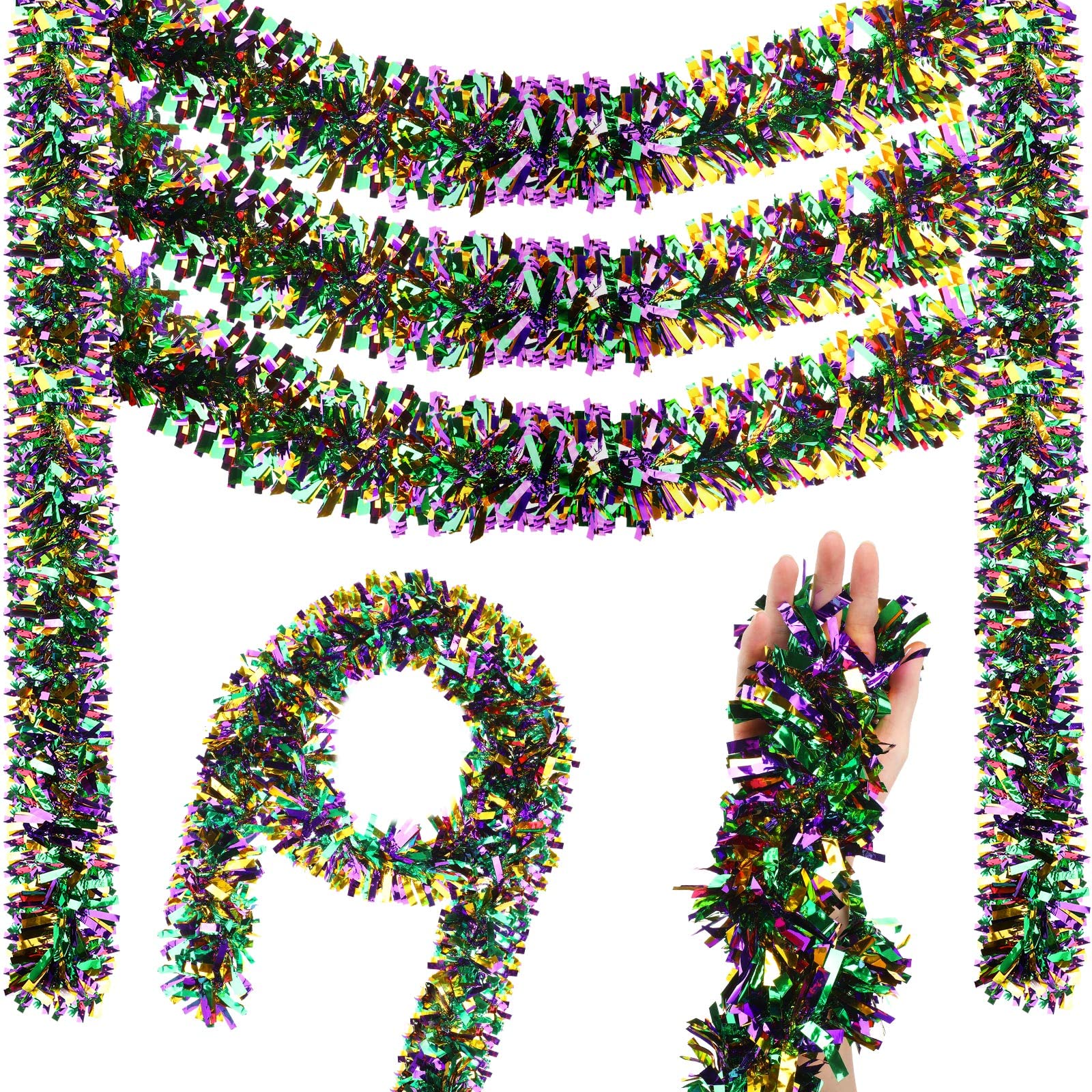 Jutom 6 Rolls 108/216/432Ft Mardi Gras Tinsel Garland Green Purple Gold Wide Cut Metallic Streamer Shiny Twist Garland Hanging D